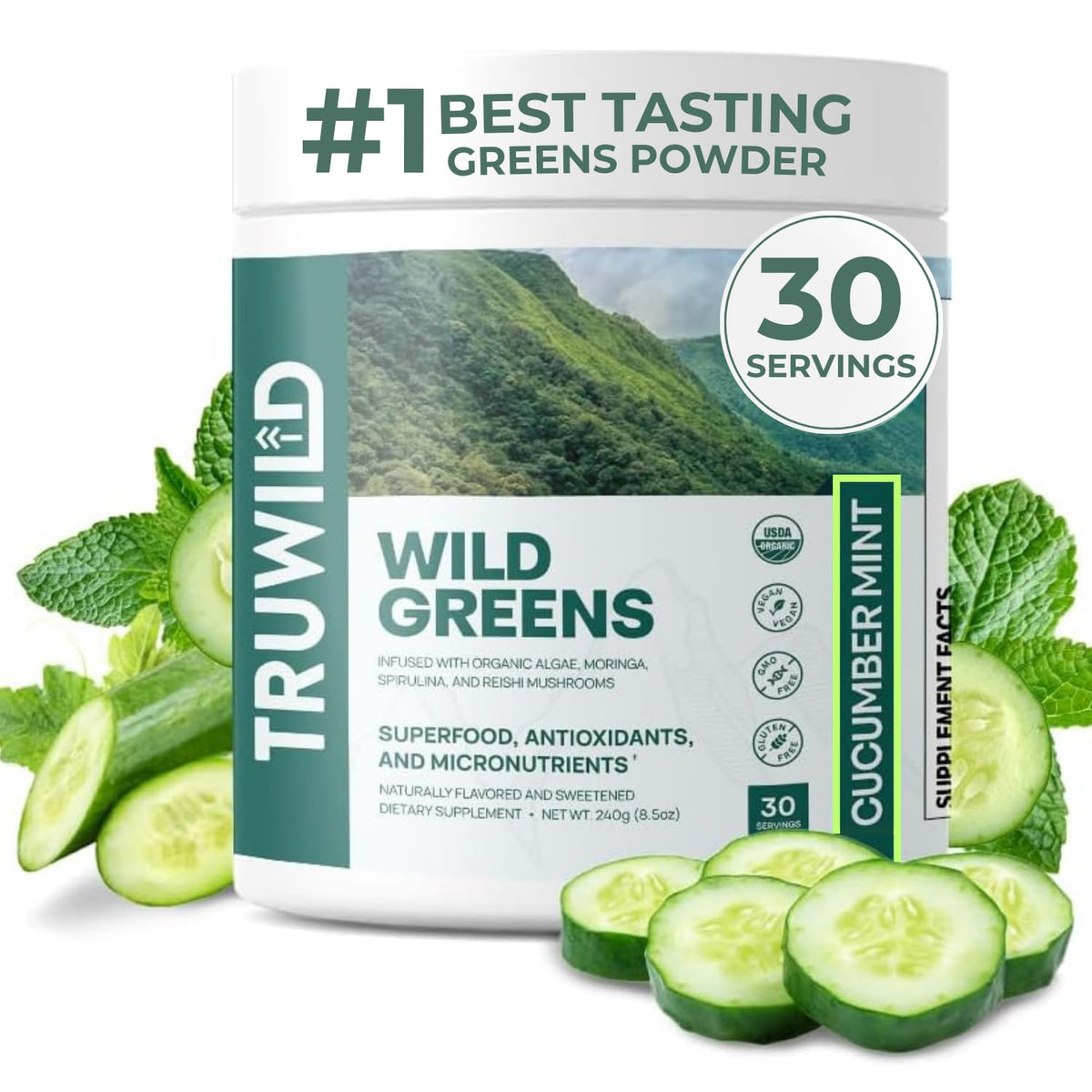 TruWild Wild Greens Organic Superfood Adaptogen Powder front view