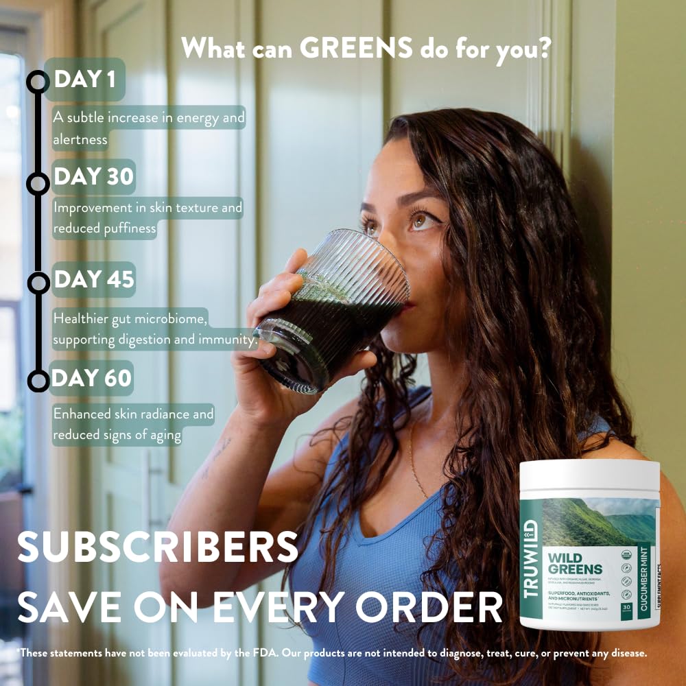 TruWild Wild Greens Organic Superfood Adaptogen Powder with ingredients