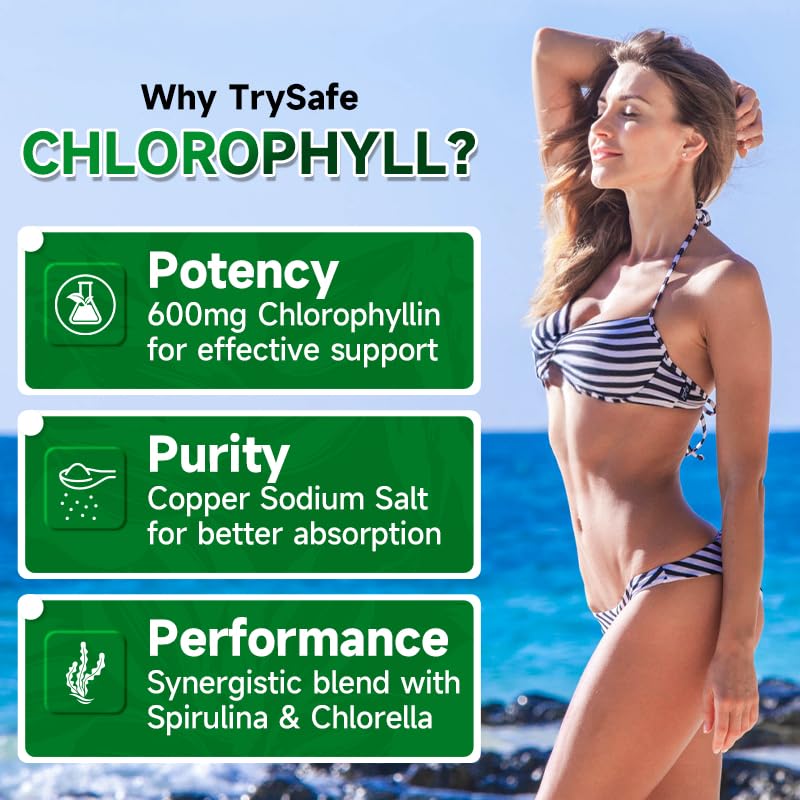 TrySafe Natural Chlorophyll Capsules 950MG on a wooden table