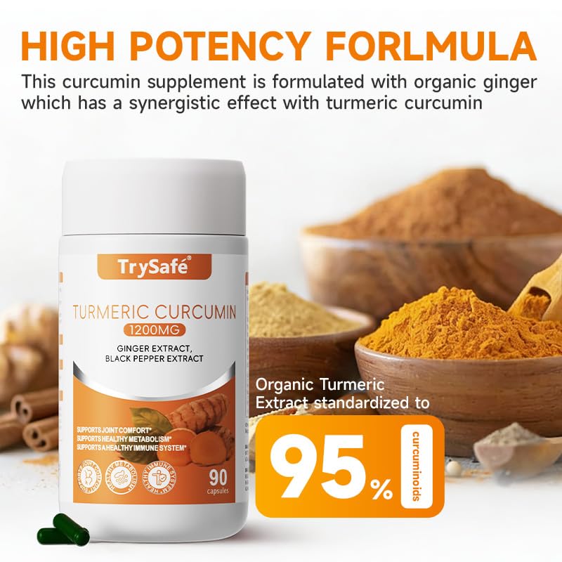 TrySafe Turmeric Curcumin Supplement 1200mg with ginger and black pepper