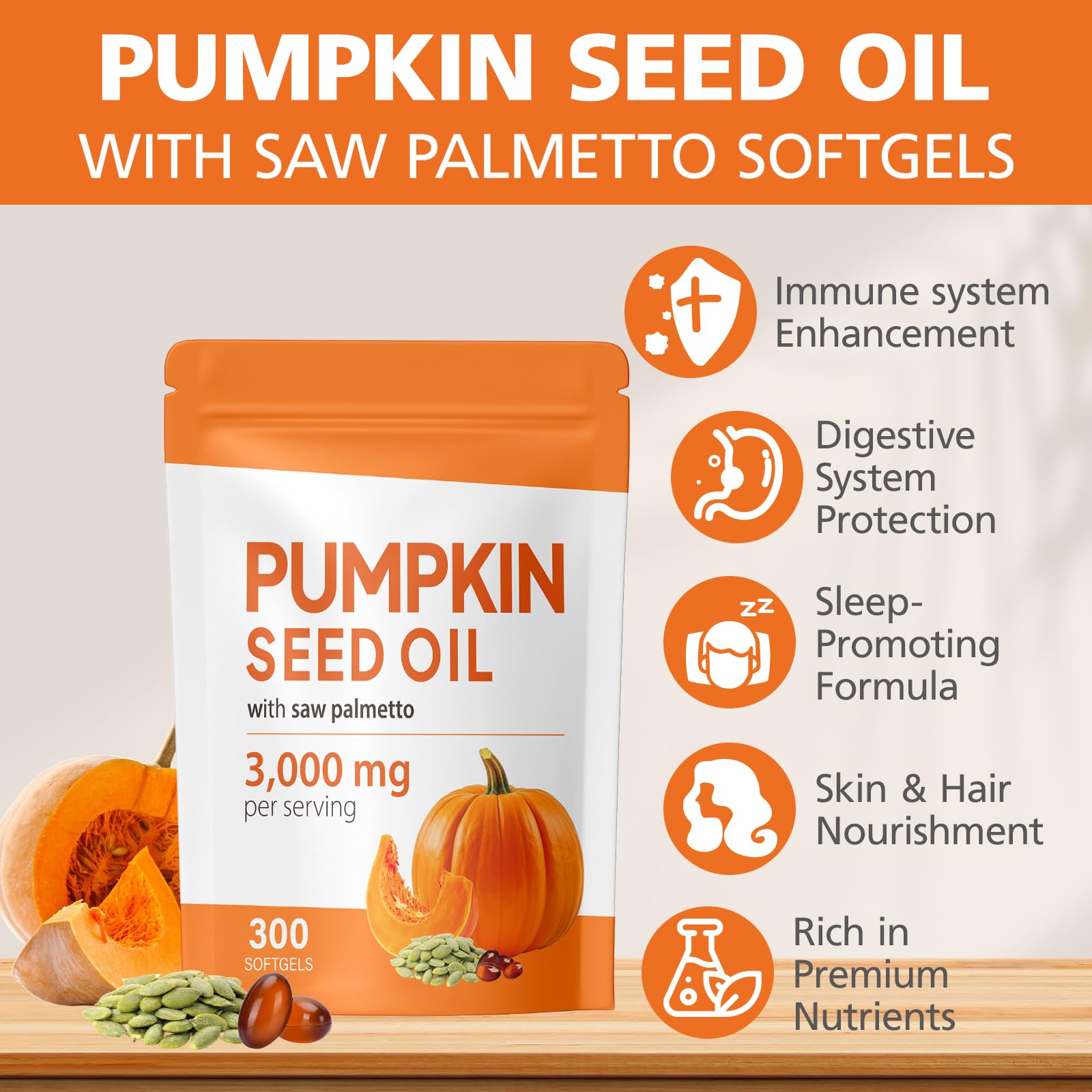 TTGUMMYAMAL Pumpkin Seed Oil & Saw Palmetto 300 Softgels back label
