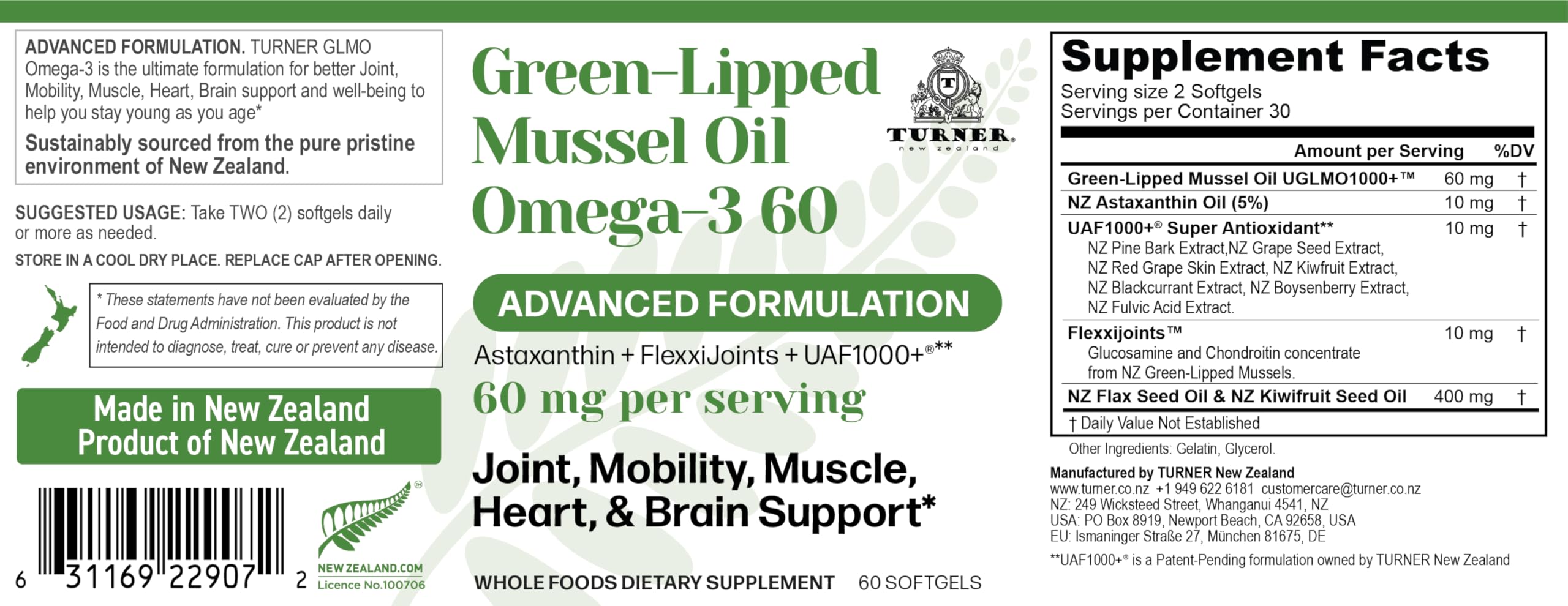 TURNER GLMO Omega-3 Green-Lipped Mussel Oil packaging and capsules