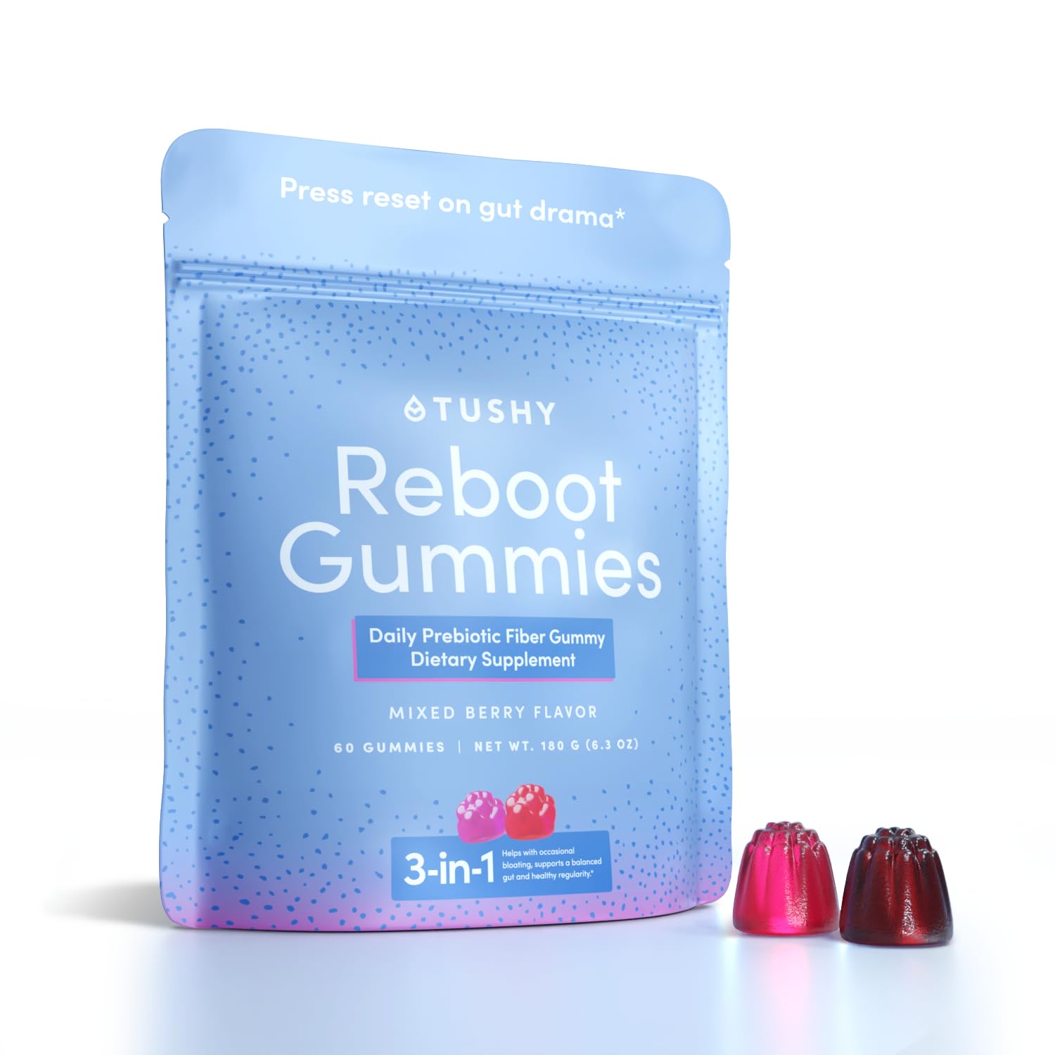 TUSHY Reboot Prebiotic Fiber Gummies 60 count front view
