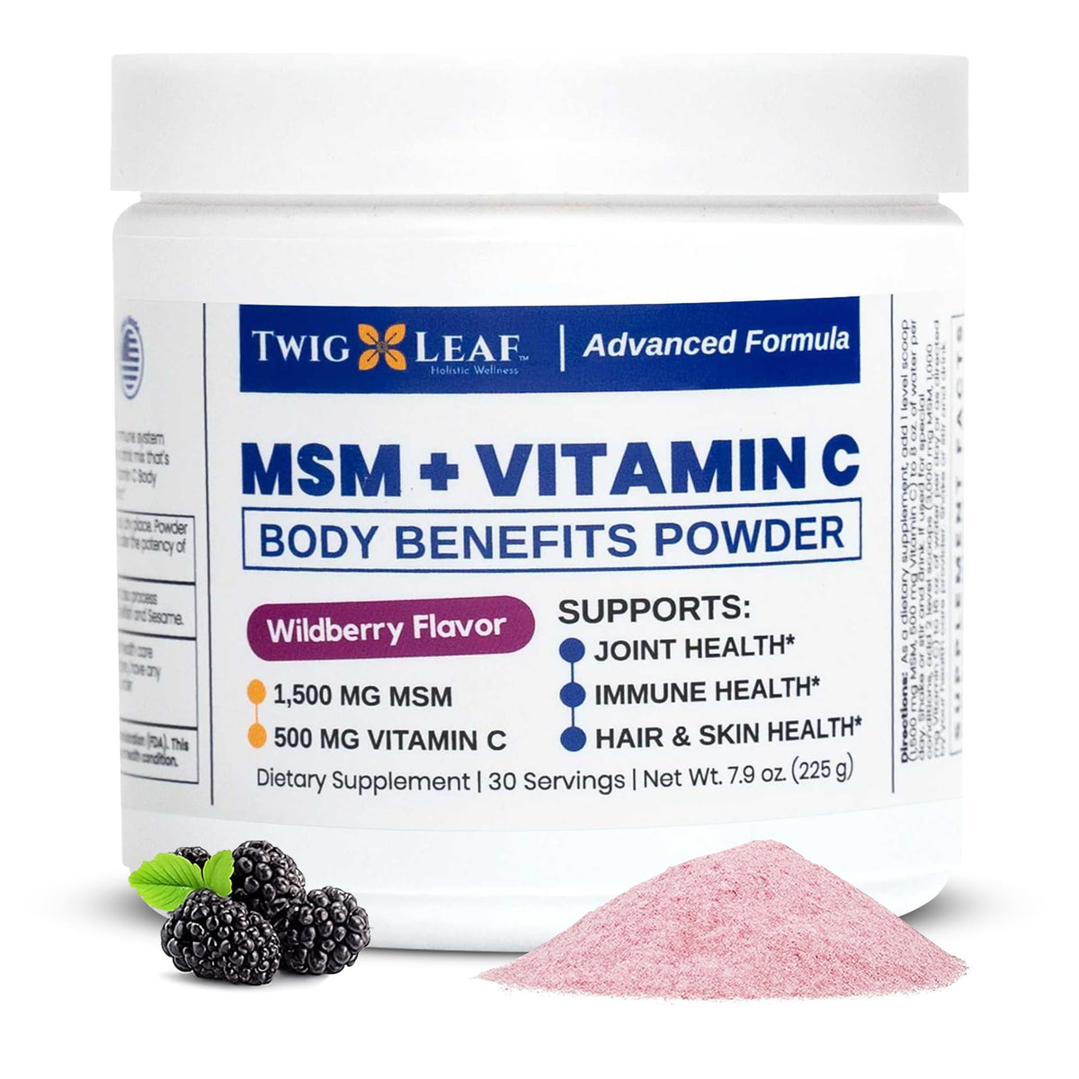 Twig & Leaf MSM Powder front view with wildberry flavour