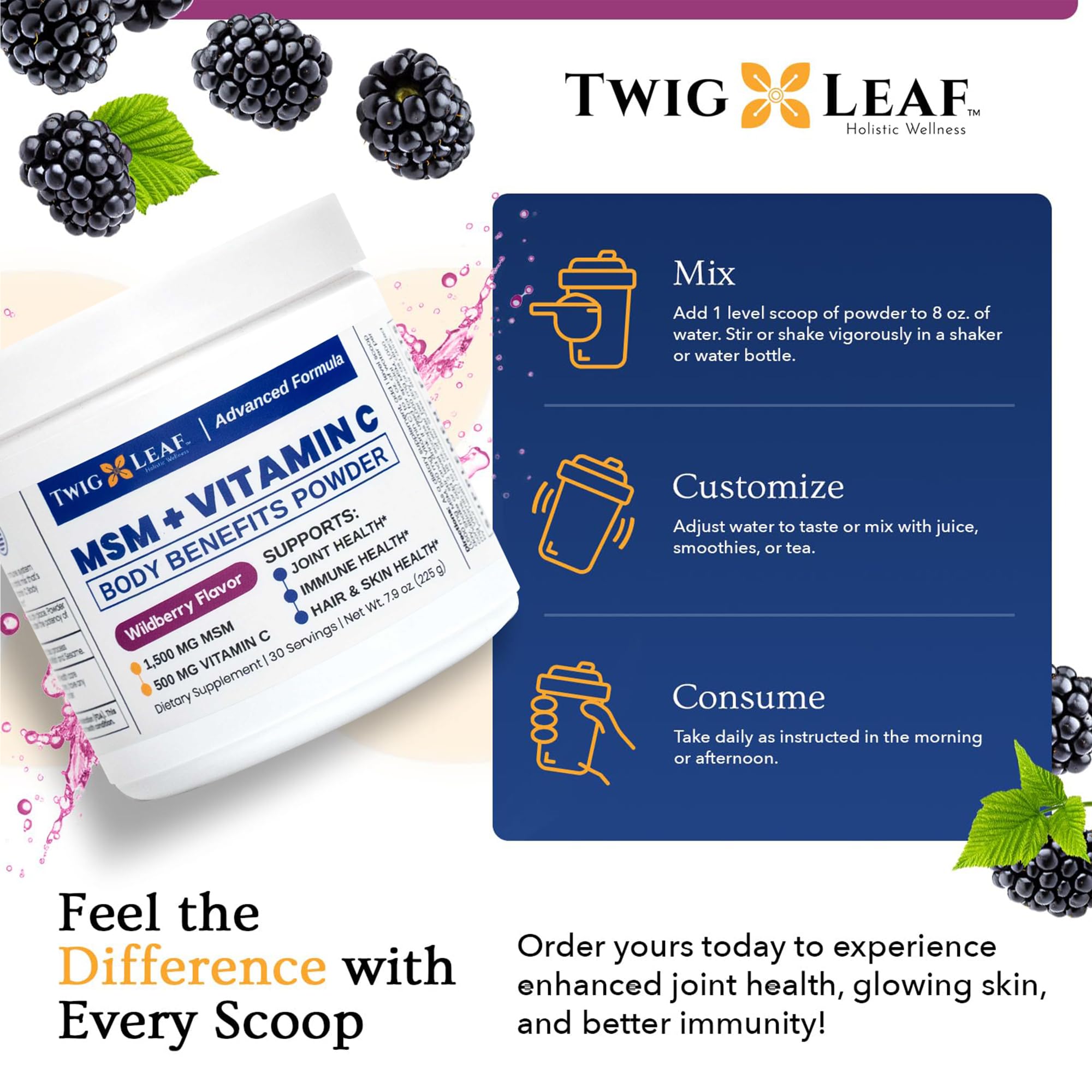 Twig & Leaf MSM Powder mixed in a glass of water