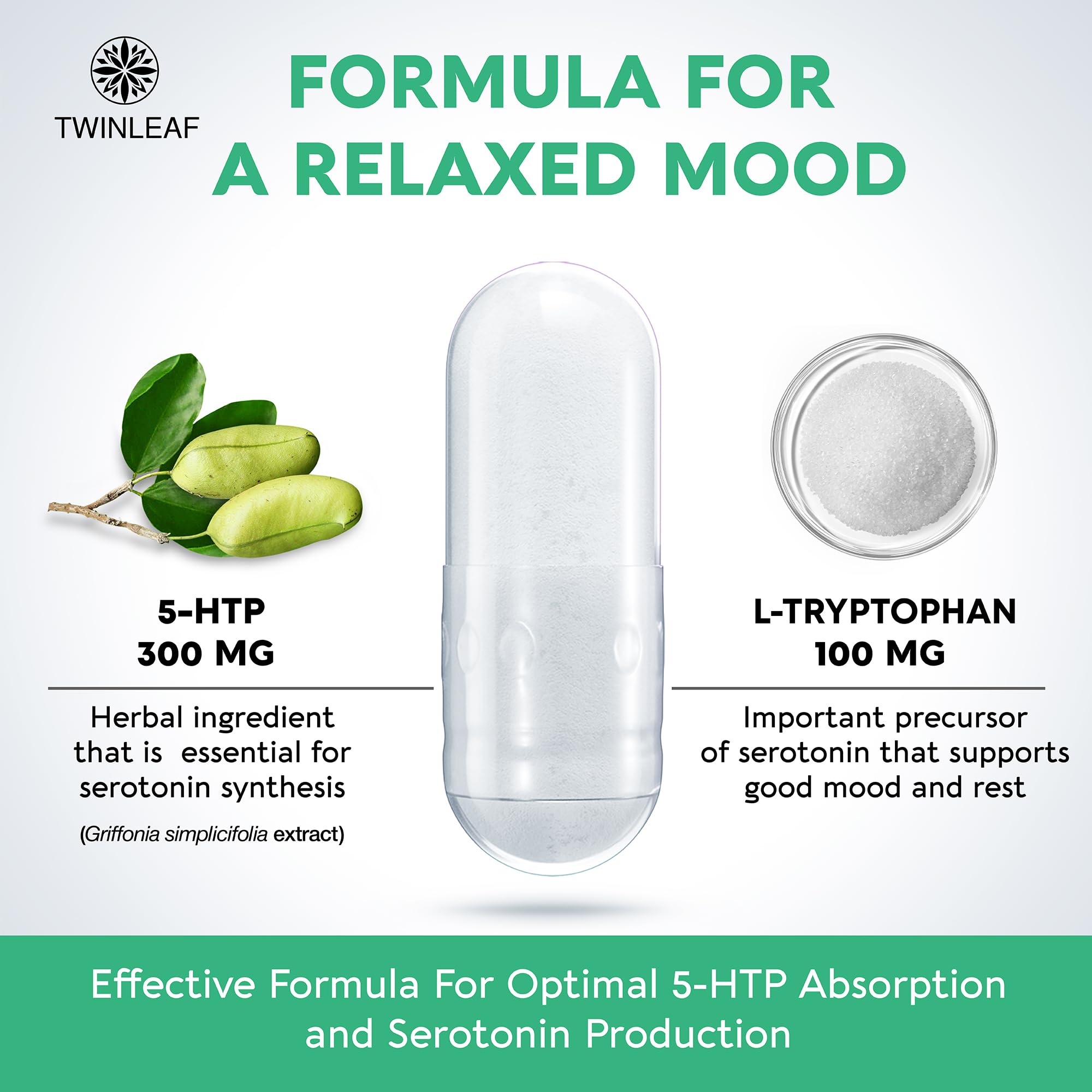 TWINLEAF NUTRITION 5-HTP supplement back view with ingredient list