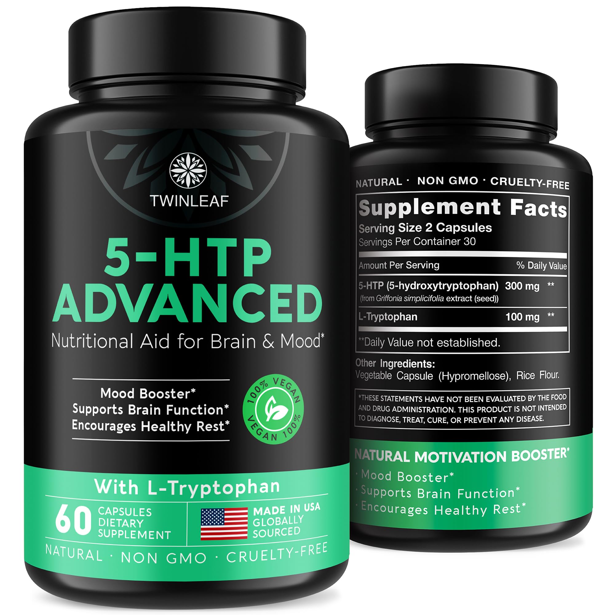 TWINLEAF NUTRITION 5-HTP supplement front view with packaging