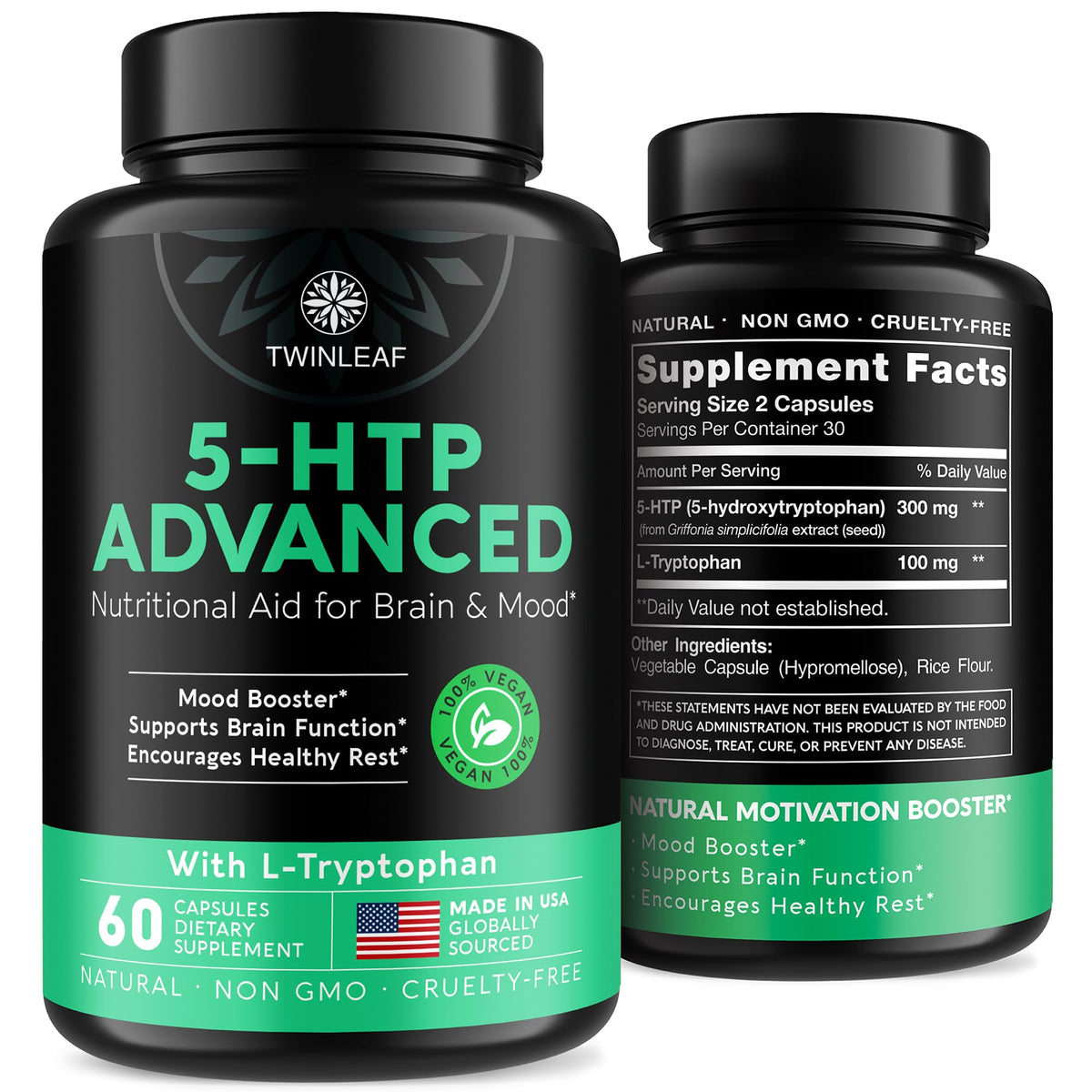 TWINLEAF NUTRITION 5-HTP supplement front view with packaging