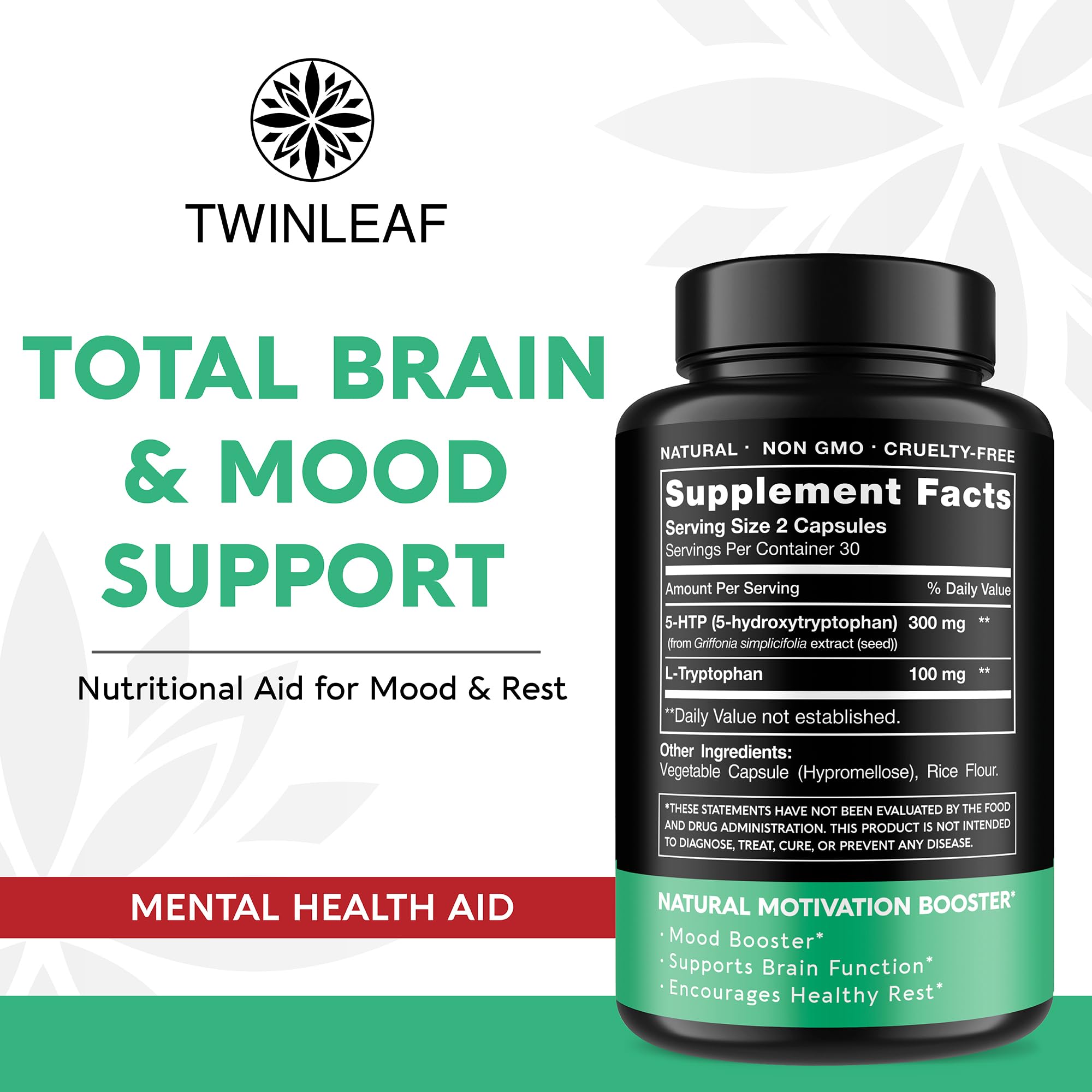 TWINLEAF NUTRITION 5-HTP supplement side view showing capsule