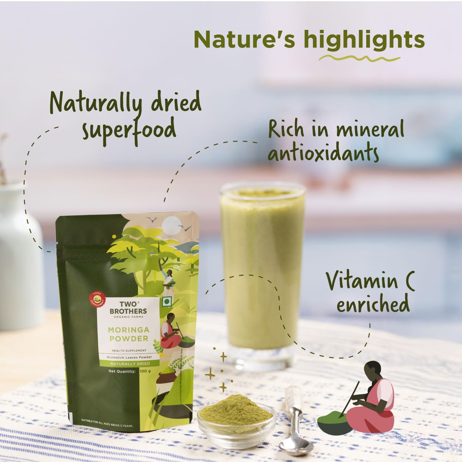 Two Brothers India Farms Moringa Powder mixed in a smoothie