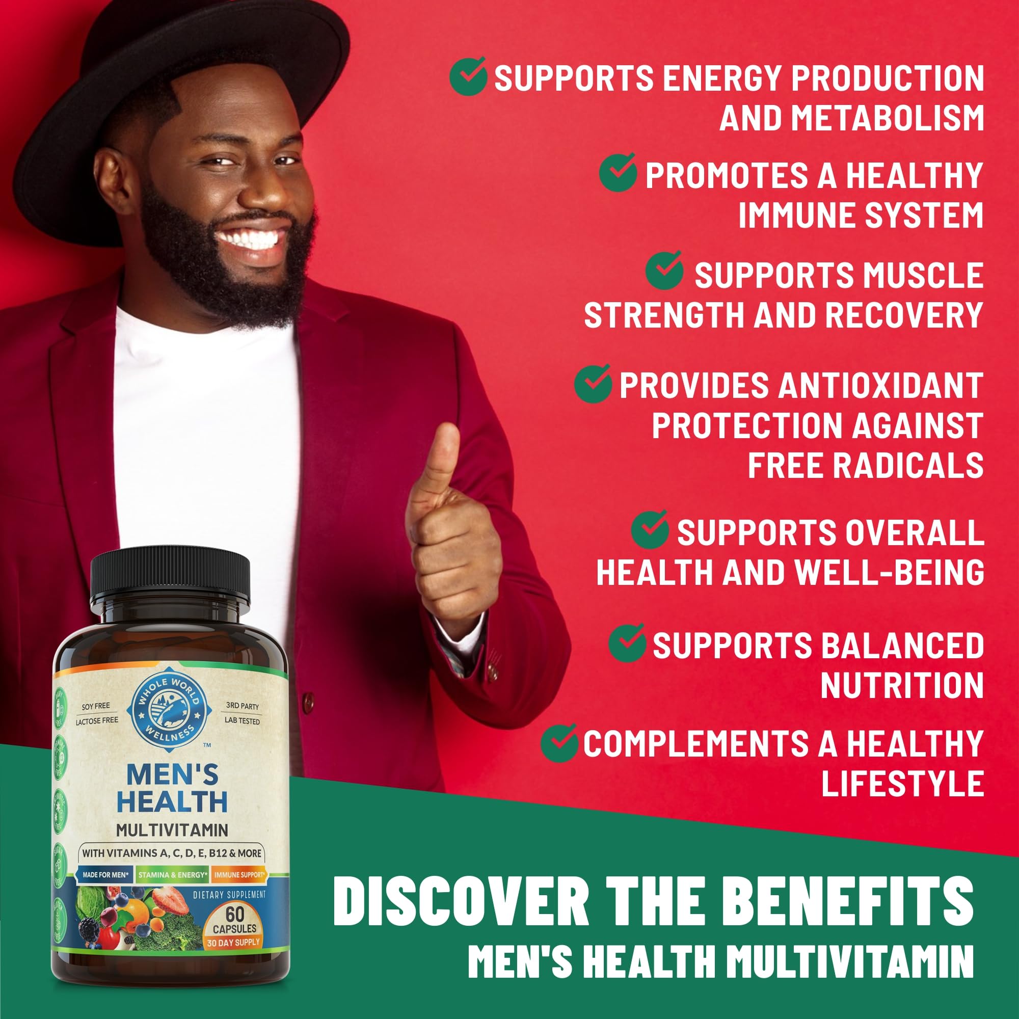 Two capsules of WHOLE WORLD WELLNESS Men's Multivitamin on a surface