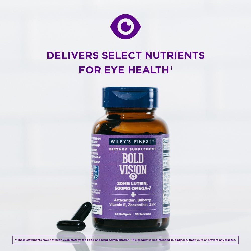 Two capsules of Wiley's Finest Bold Vision Omega-7 Fish Oil Supplement
