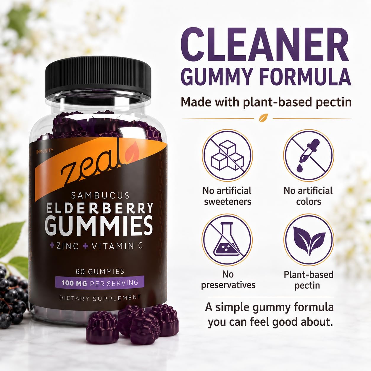Two Zeal Naturals Elderberry Gummies on a wooden table