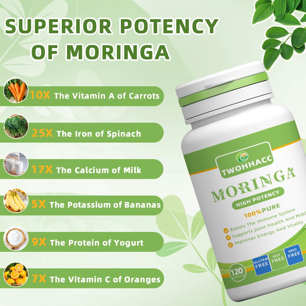 TWOHHACC Moringa Powder Capsules 1000mg bottle with label