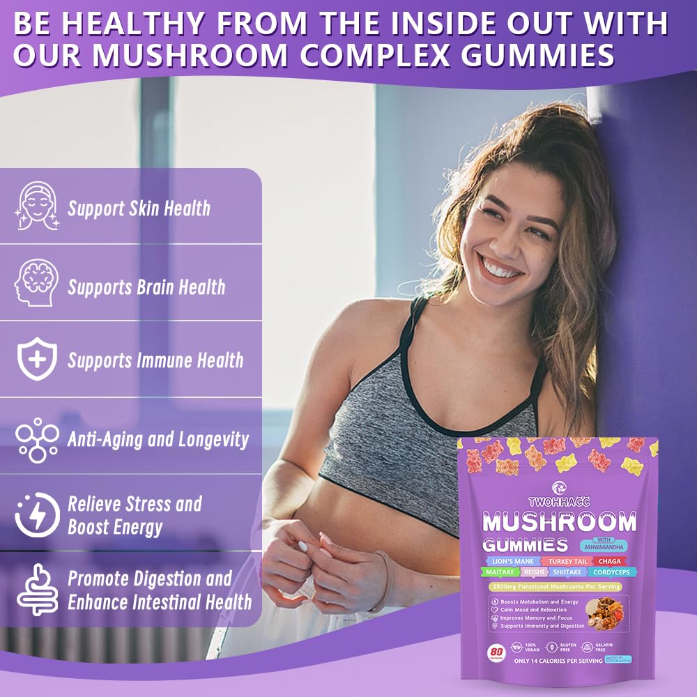 TWOHHACC Mushroom Gummies displayed with ingredients