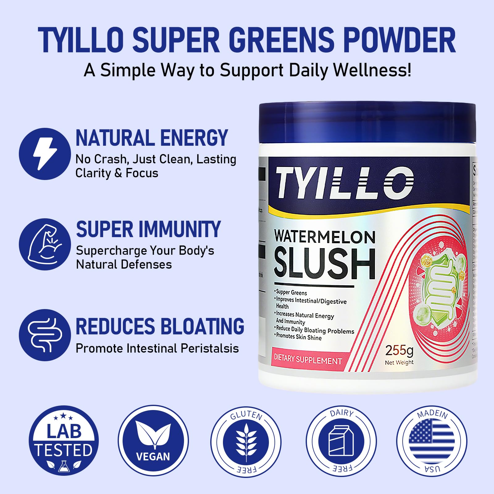 Tyillo Superfood Greens Powder 331g scoop and powder