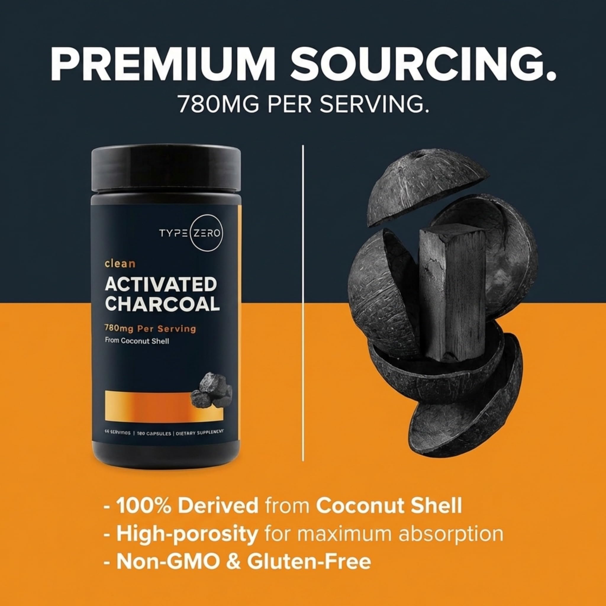 Type Zero Activated Charcoal Capsules back of the bottle