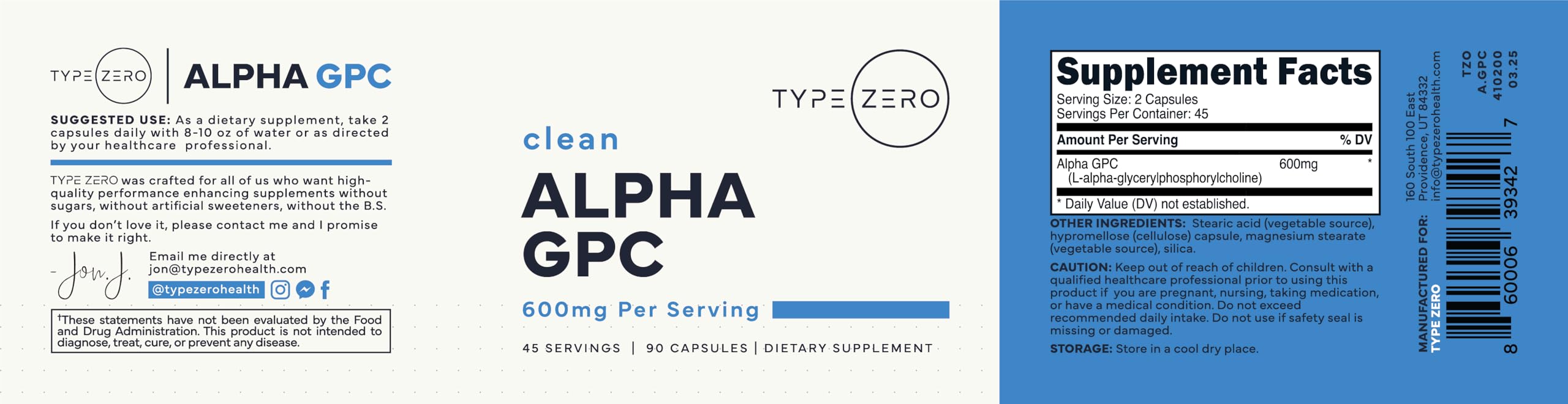 Type Zero Alpha GPC bottle with dosage information