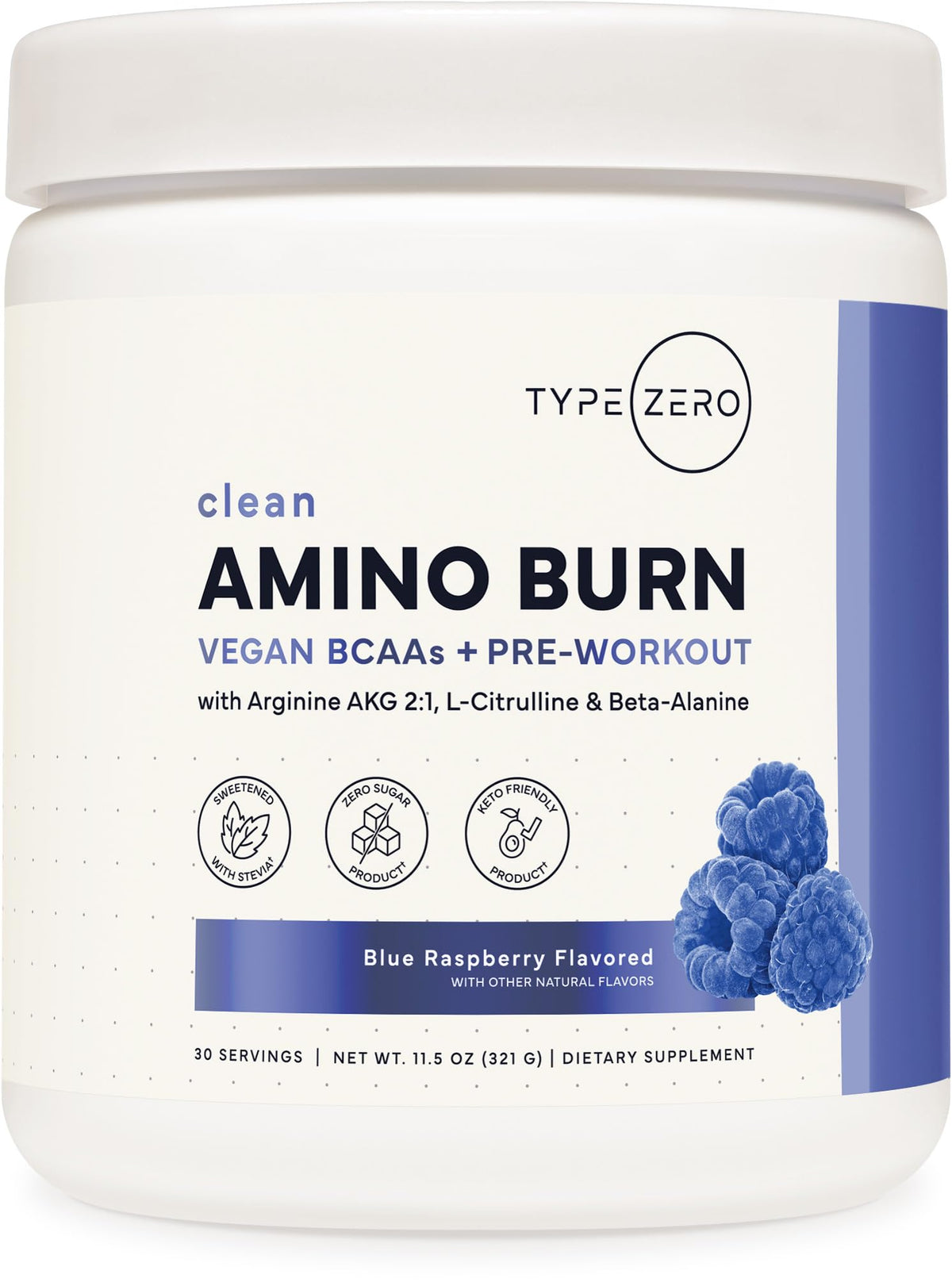 Type Zero Amino Burn Vegan BCAA Powder front view with Blue Raspberry flavour
