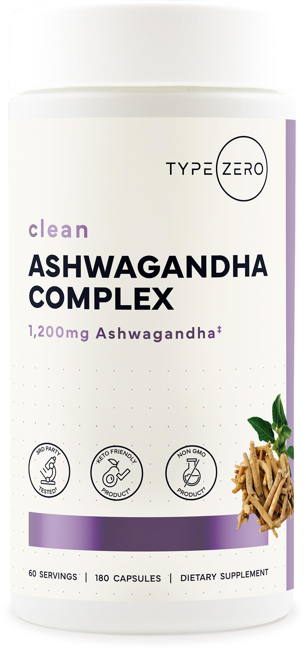 Type Zero Ashwagandha Supplement 180 veggie caps front view
