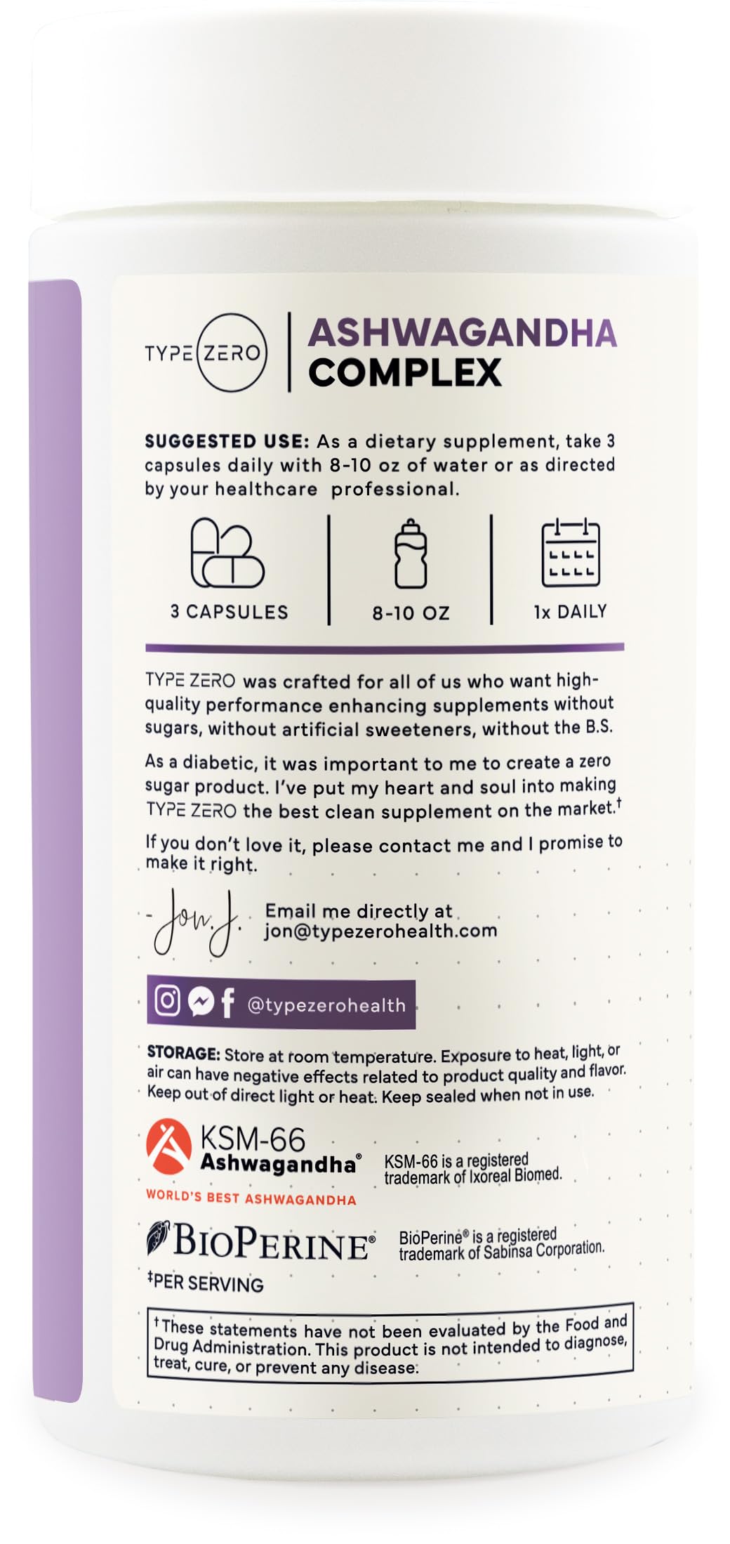 Type Zero Ashwagandha Supplement label close-up