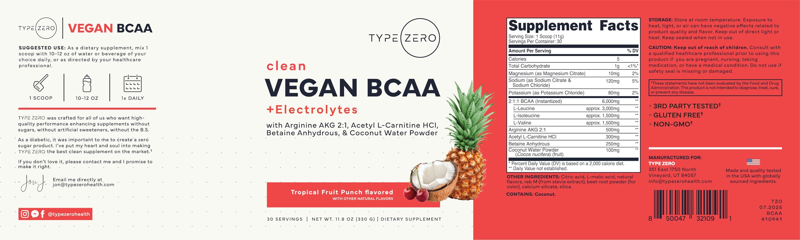 Type Zero BCAA Powder Tropical Fruit Punch ingredients list