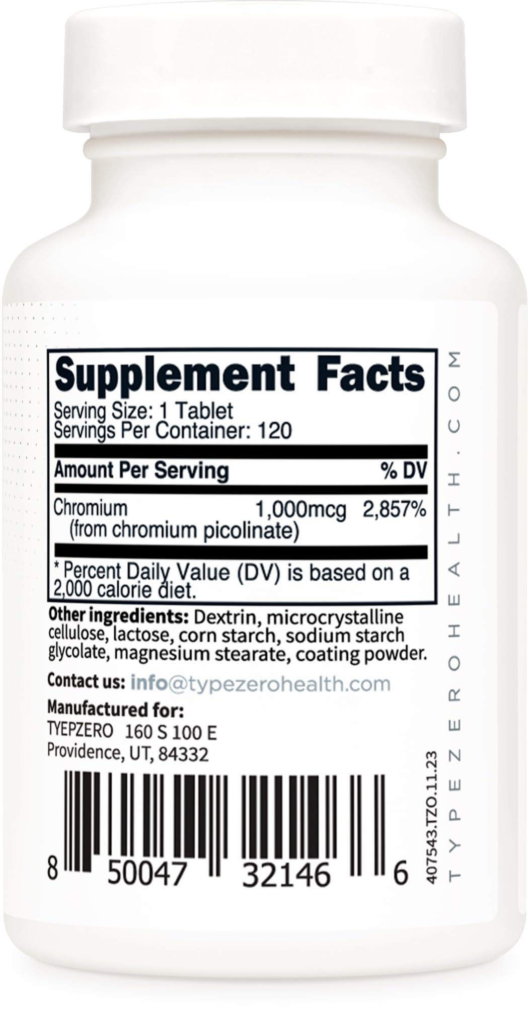 Type Zero Chromium Picolinate Tablets bottle with tablets on a surface