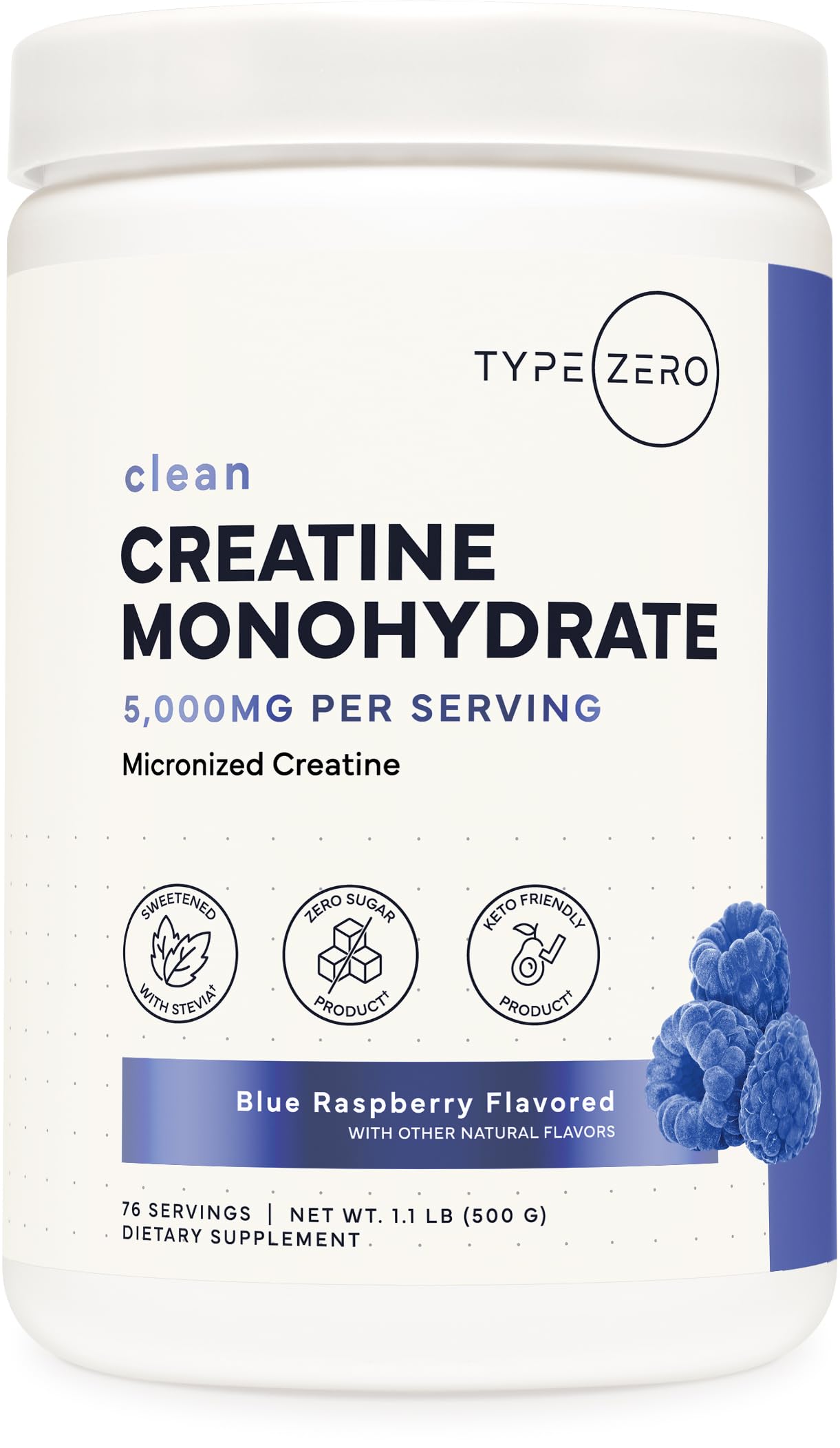 Type Zero Creatine Monohydrate Powder 500g Blue Raspberry front view