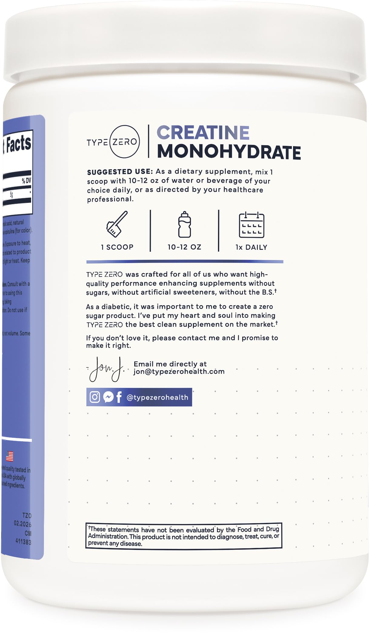 Type Zero Creatine Monohydrate Powder 500g Blue Raspberry side view