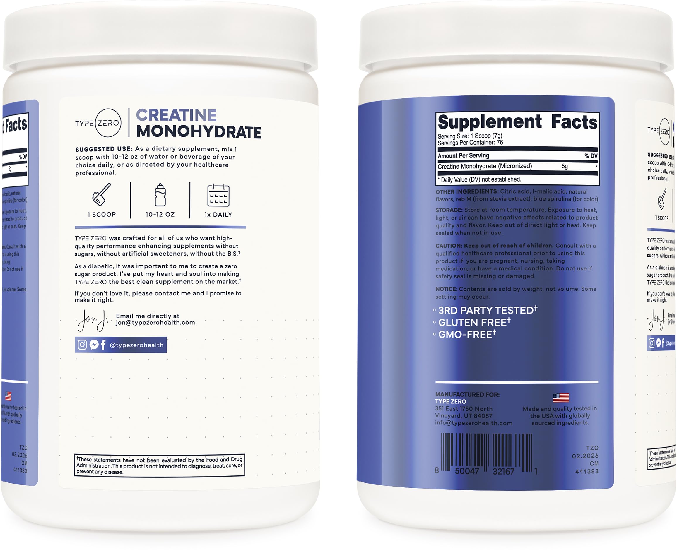 Type Zero Creatine Monohydrate Powder 500g packaging details
