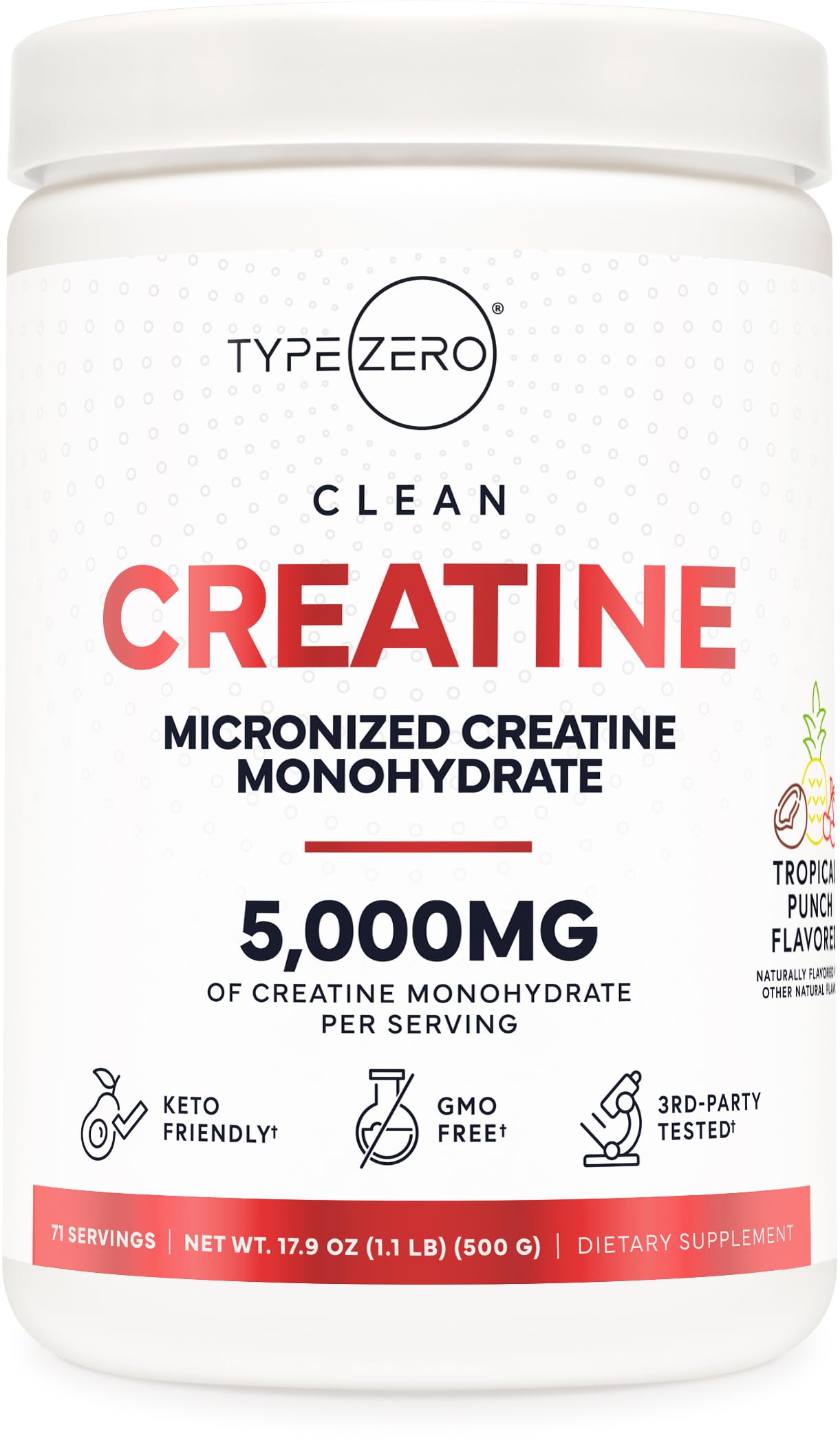Type Zero Creatine Monohydrate Powder 500g Tropical Fruit Punch front view