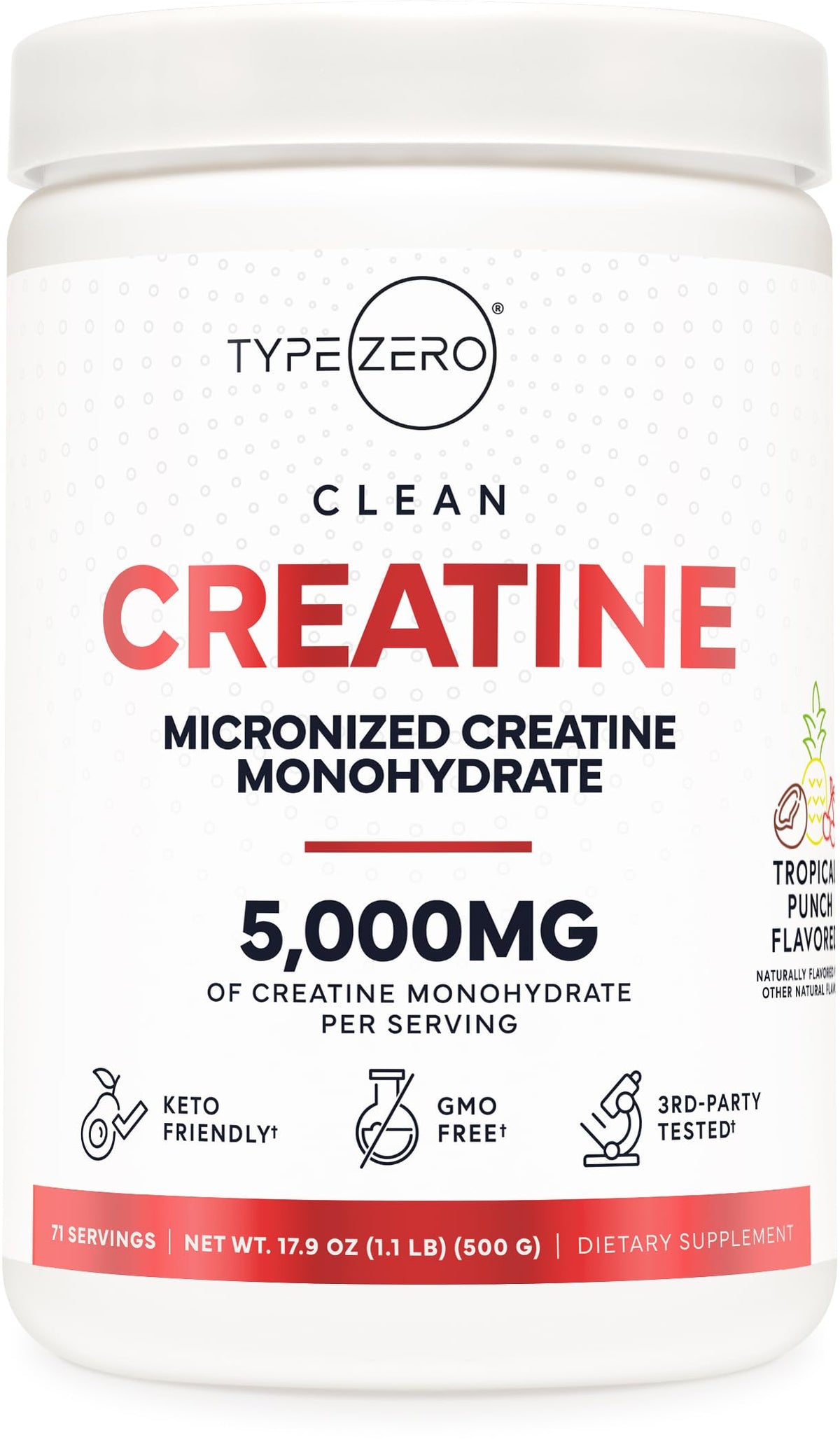 Type Zero Creatine Monohydrate Powder 500g Tropical Fruit Punch front view