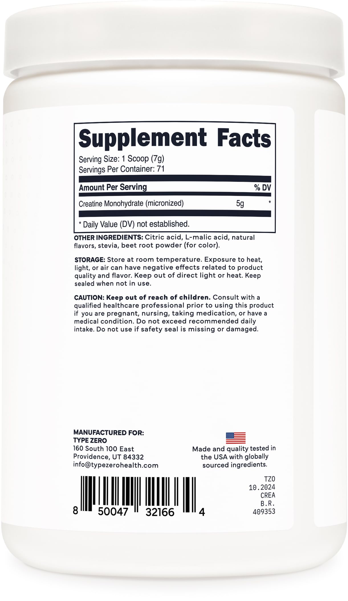 Type Zero Creatine Monohydrate Powder 500g Tropical Fruit Punch packaging