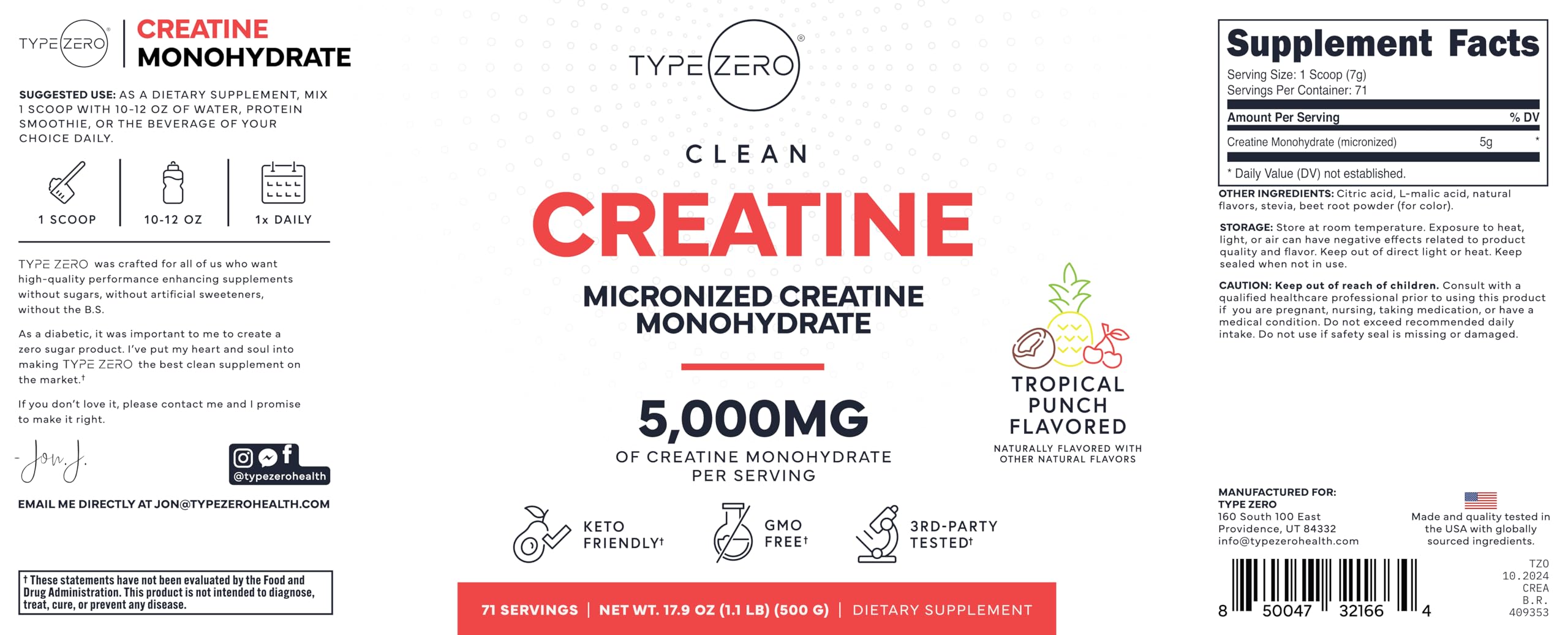 Type Zero Creatine Monohydrate Powder 500g Tropical Fruit Punch scoop