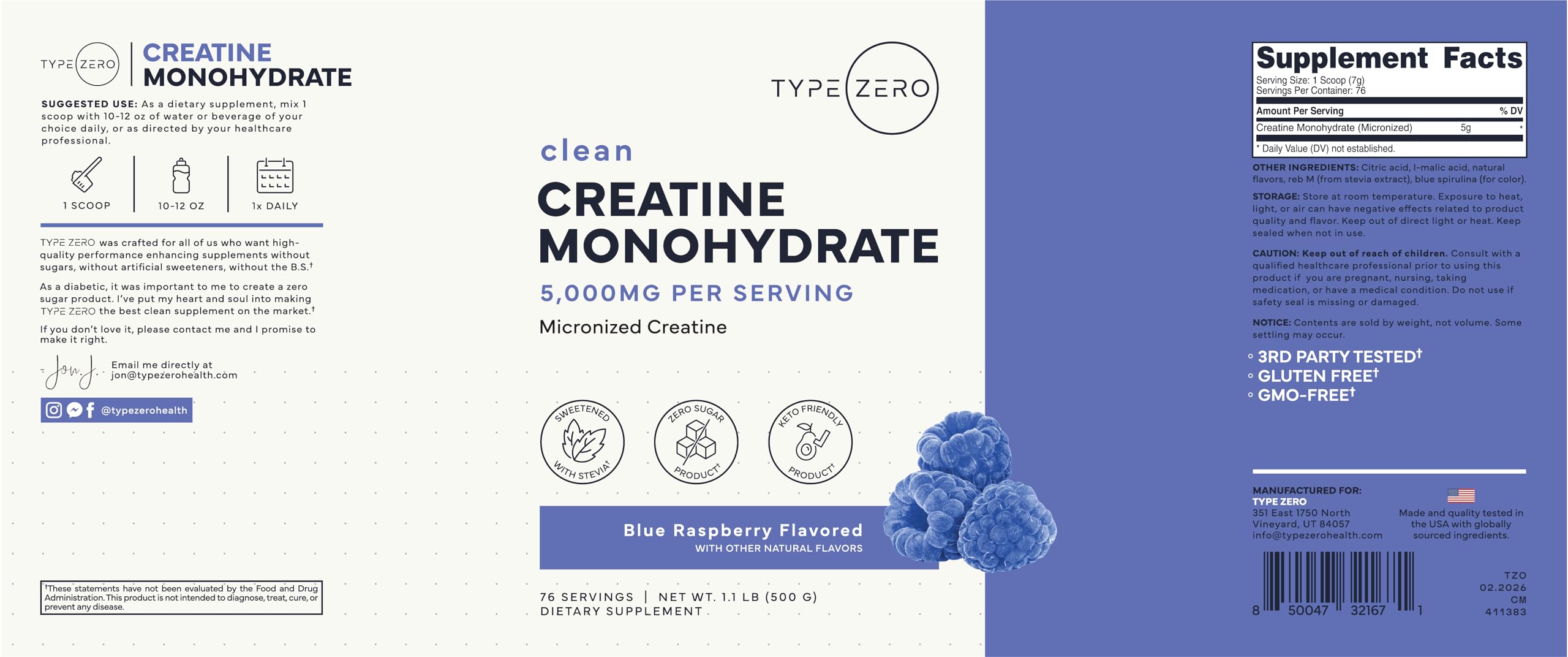Type Zero Creatine Monohydrate Powder 500g with ingredients list