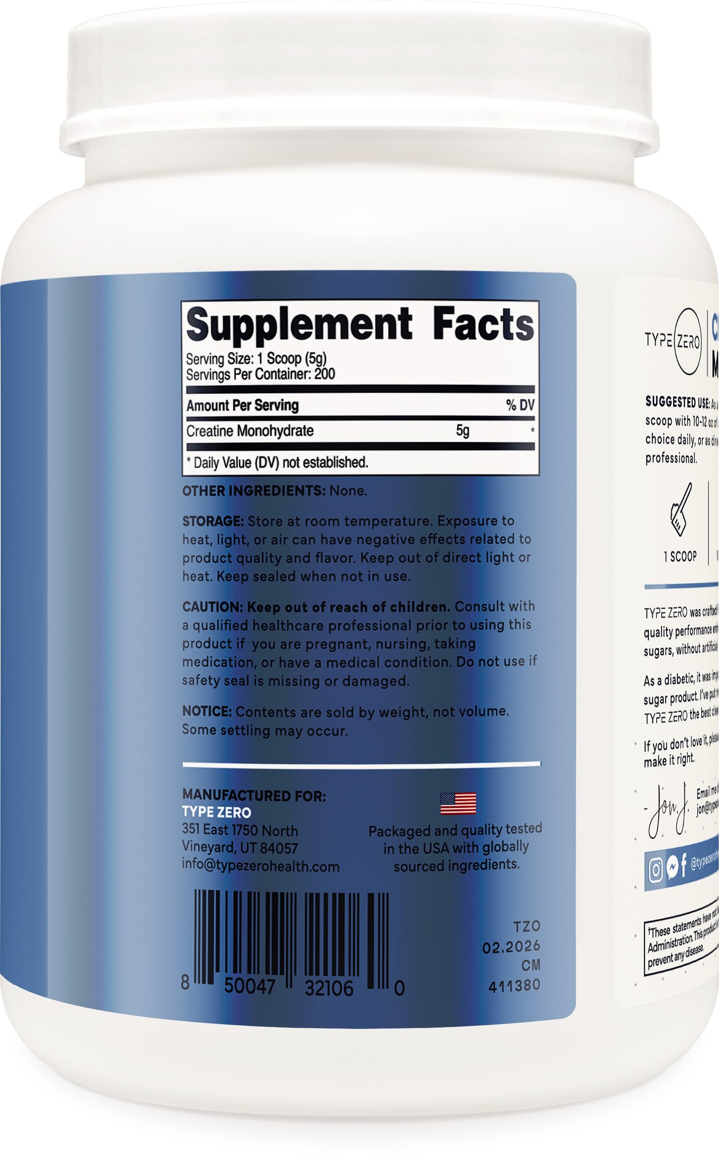 Type Zero Creatine Monohydrate powder close-up