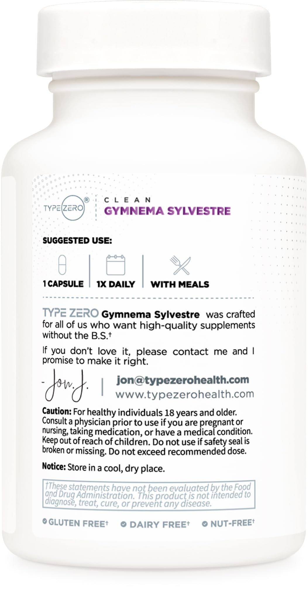 Type Zero Gymnema Sylvestre Capsules back view with ingredient details