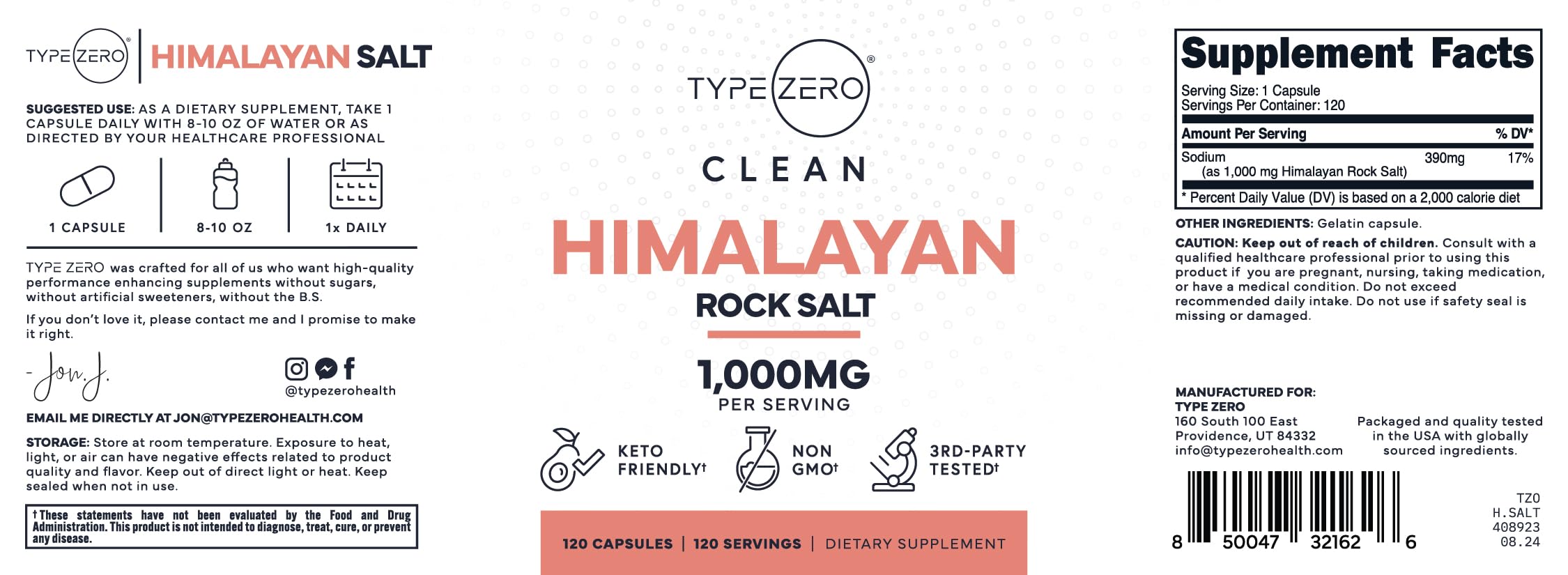 Type Zero Himalayan Salt Capsules 1000mg bottle with a glass of water