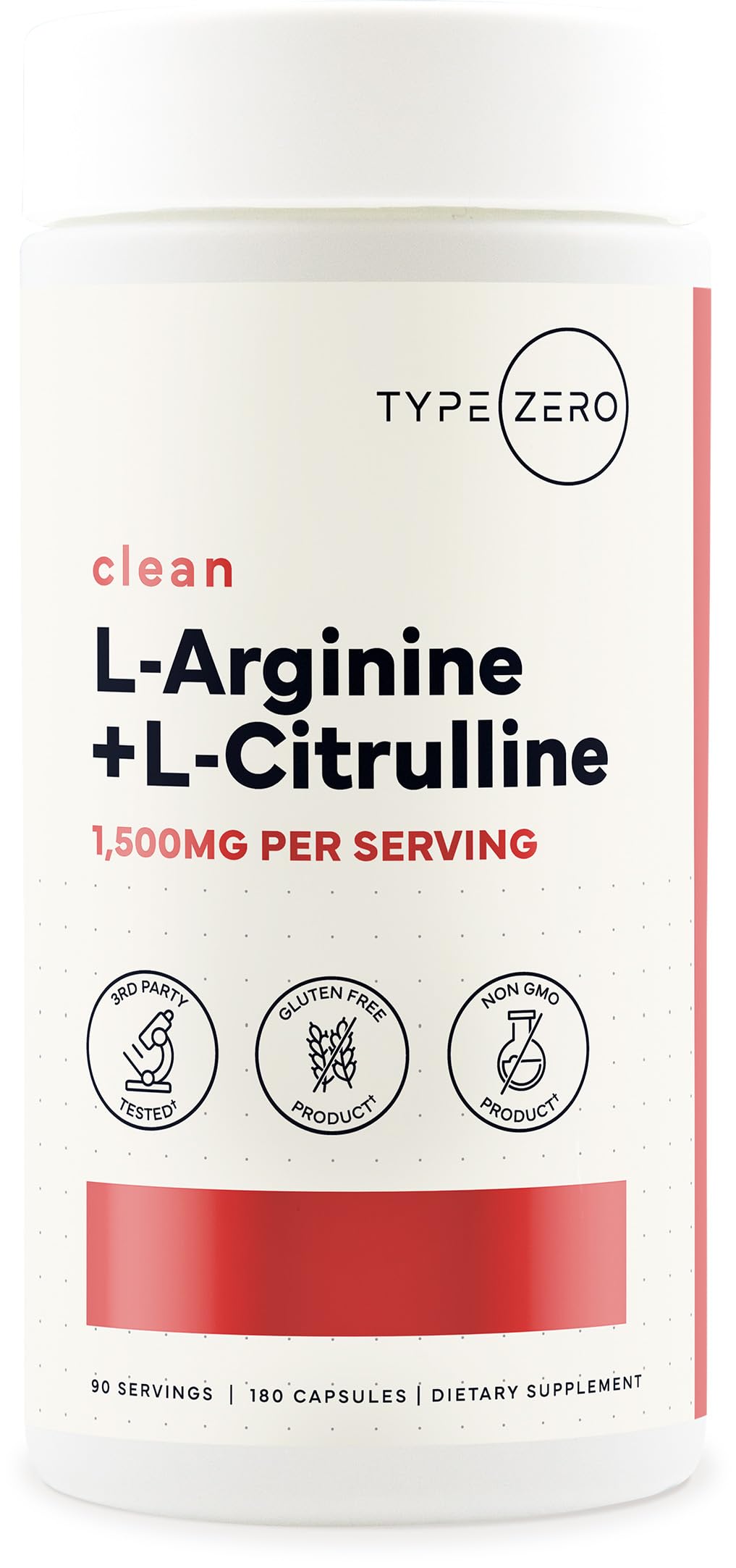 Type Zero L-Arginine Capsules 180 count front view