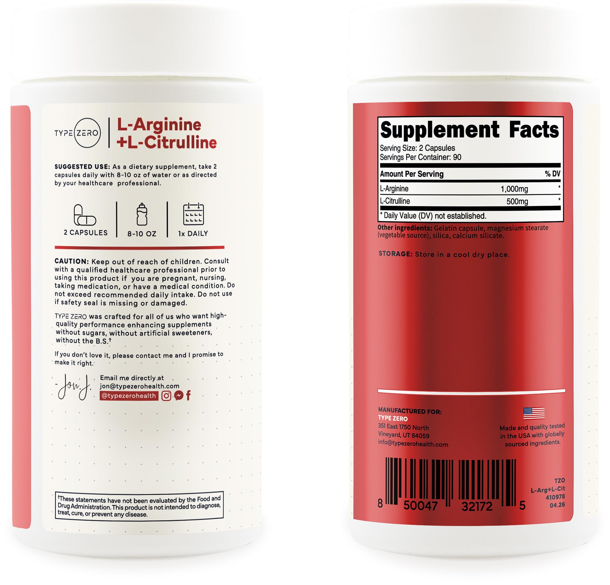 Type Zero L-Arginine Capsules packaging and ingredients
