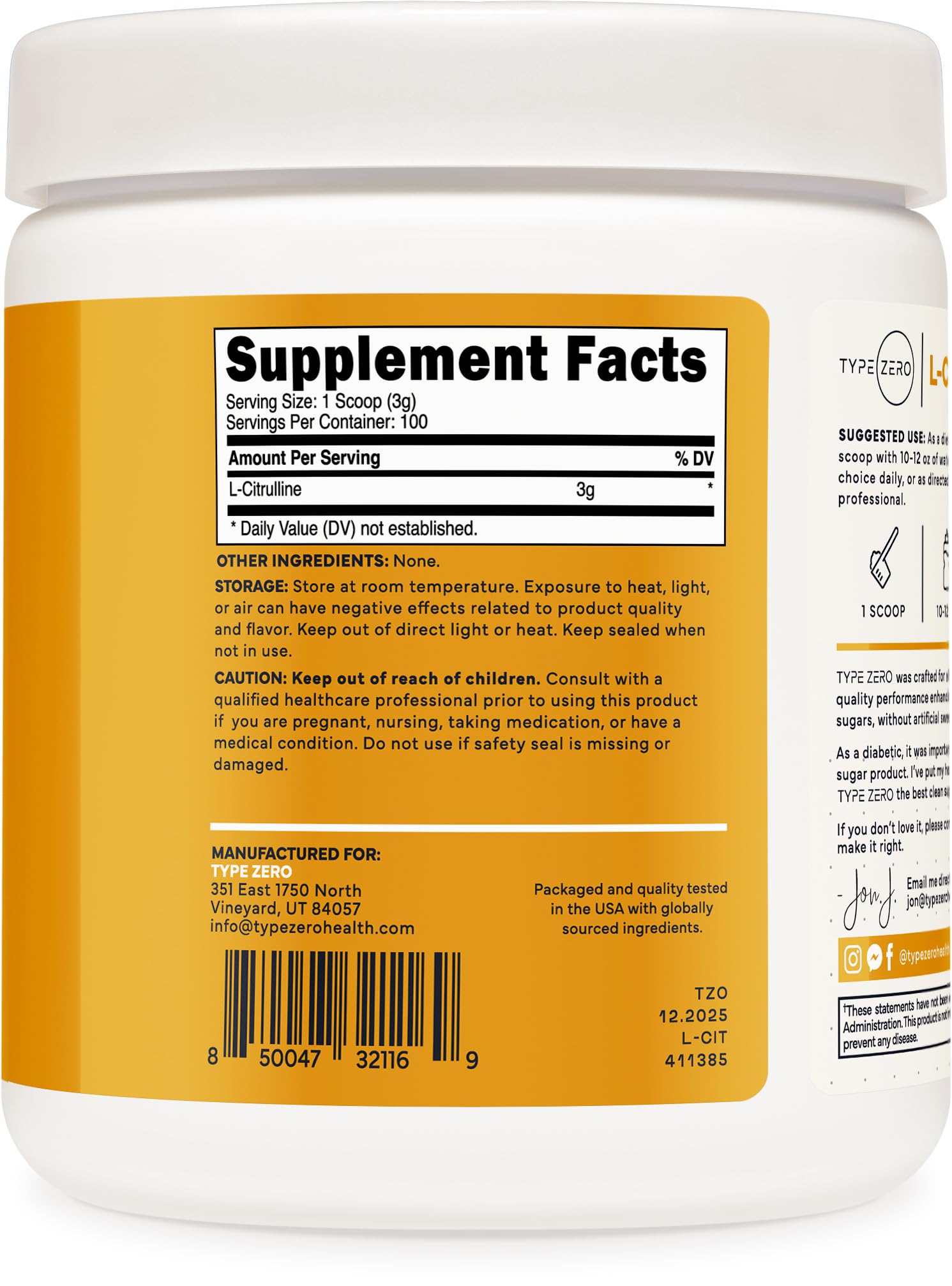 Type Zero L-Citrulline Powder 3000mg container with nutritional information