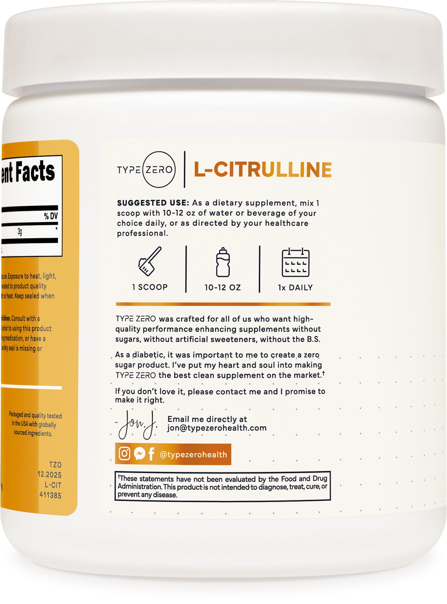 Type Zero L-Citrulline Powder 3000mg unflavoured powder in bowl
