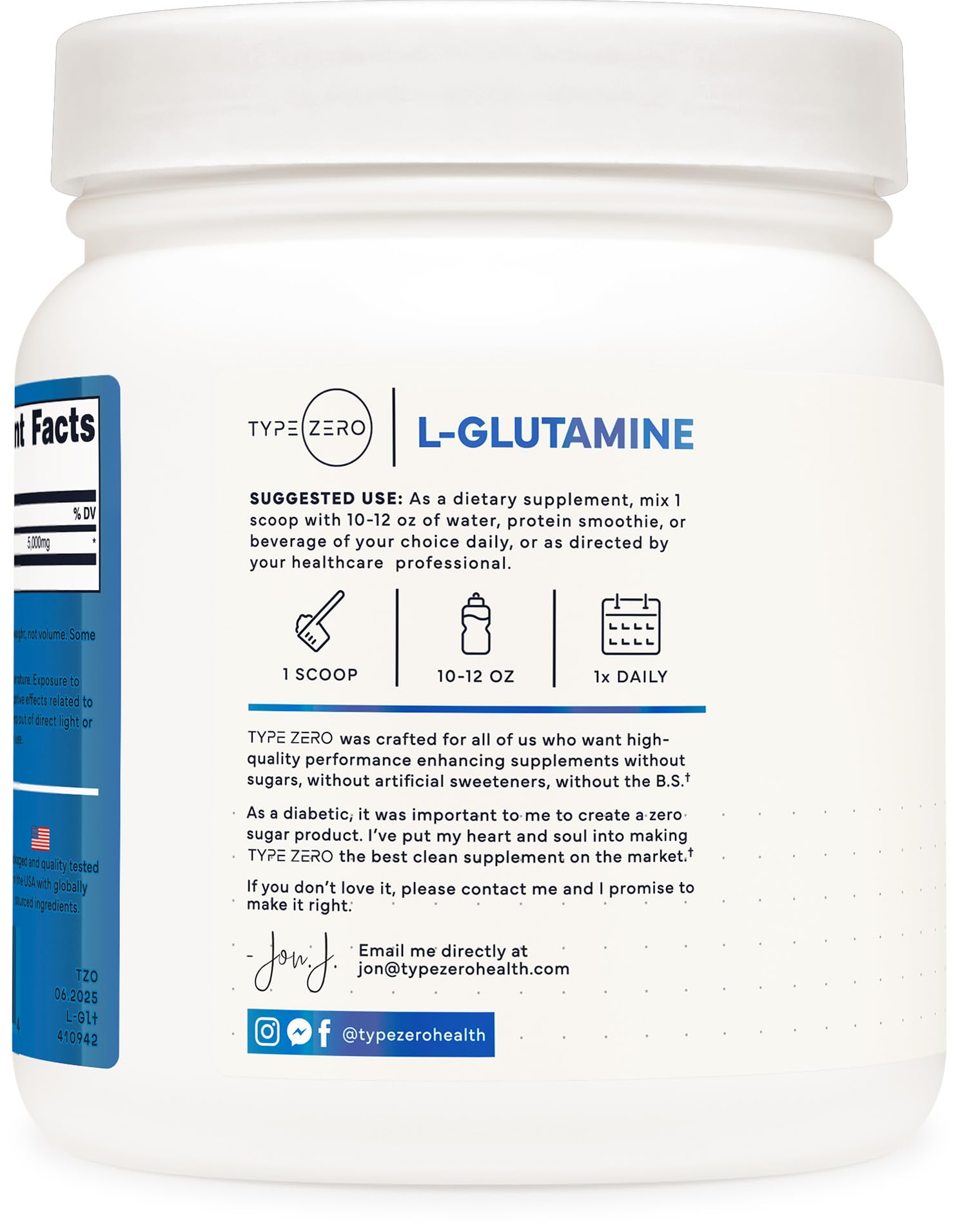 Type Zero L-Glutamine Powder 500G side view