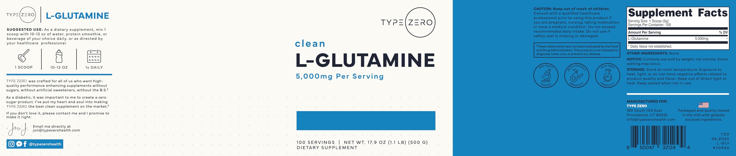 Type Zero L-Glutamine Powder bottle with a measuring scoop