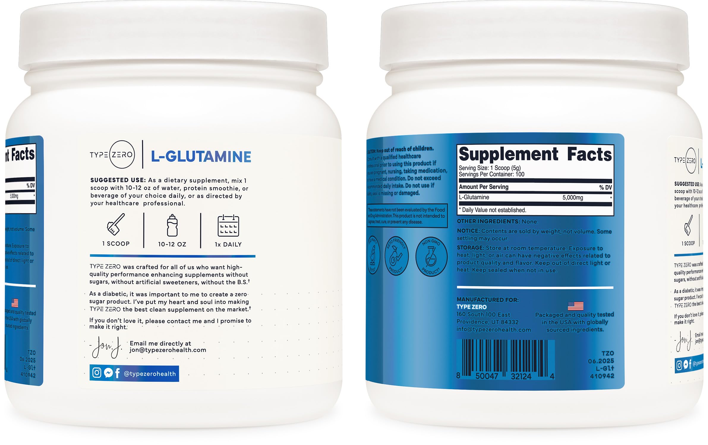 Type Zero L-Glutamine Powder in a mixing glass