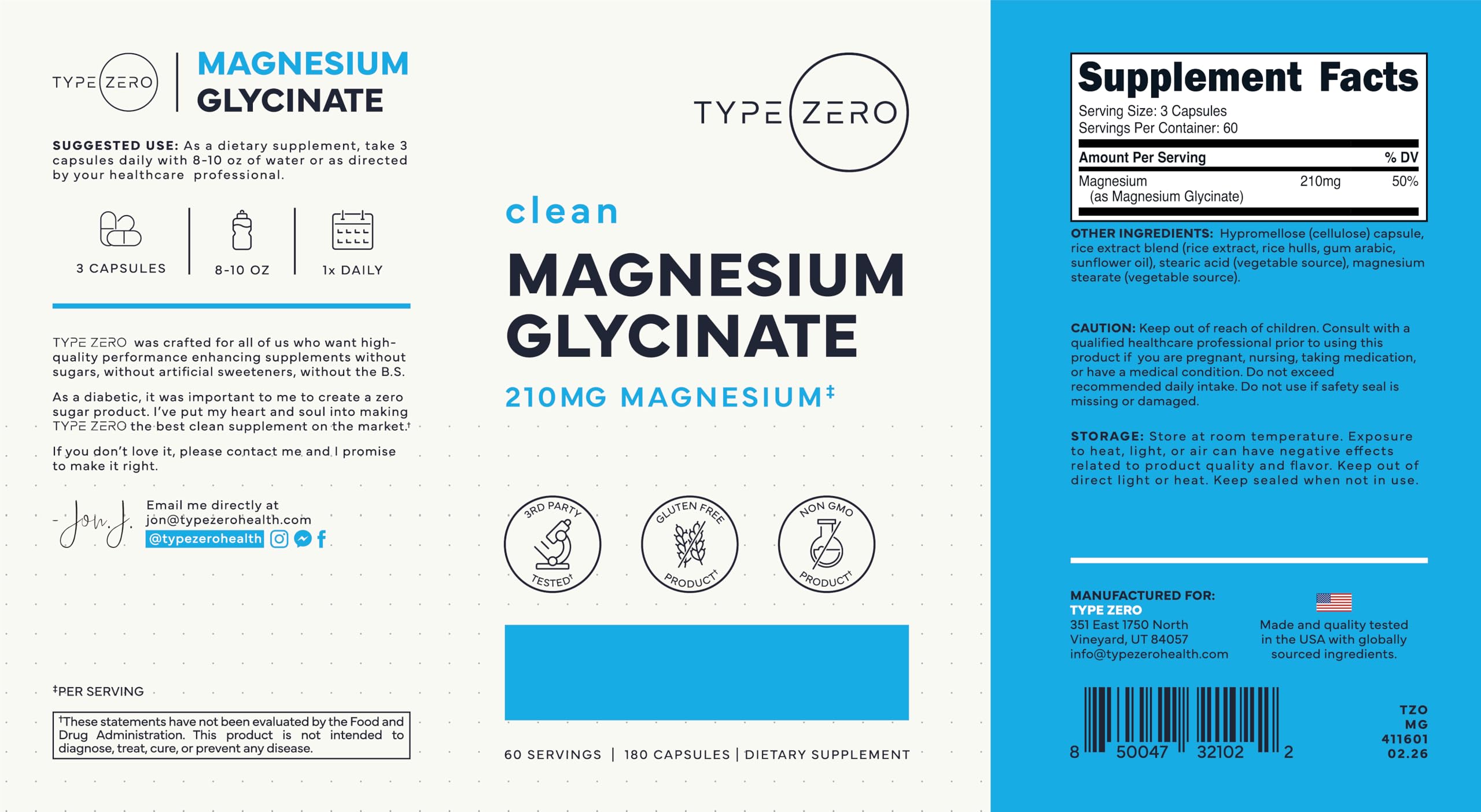 Type Zero Magnesium Glycinate Supplement 210mg capsule close-up