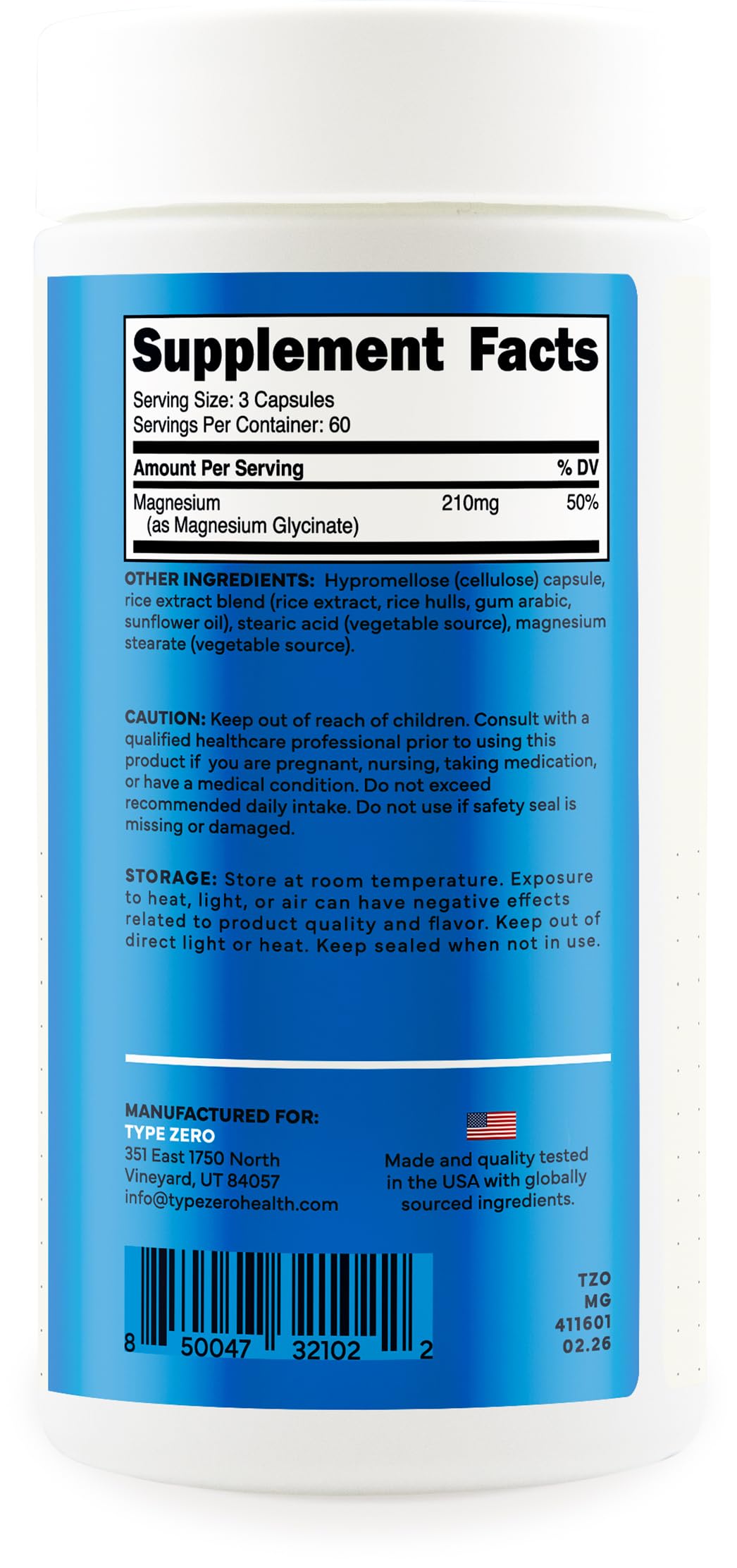 Type Zero Magnesium Glycinate Supplement 210mg capsules on a table
