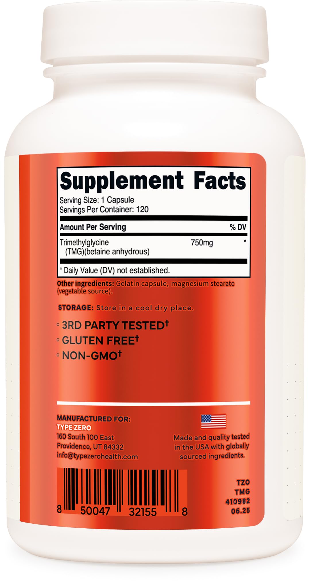 Type Zero Trimethylglycine capsules with a measuring scoop