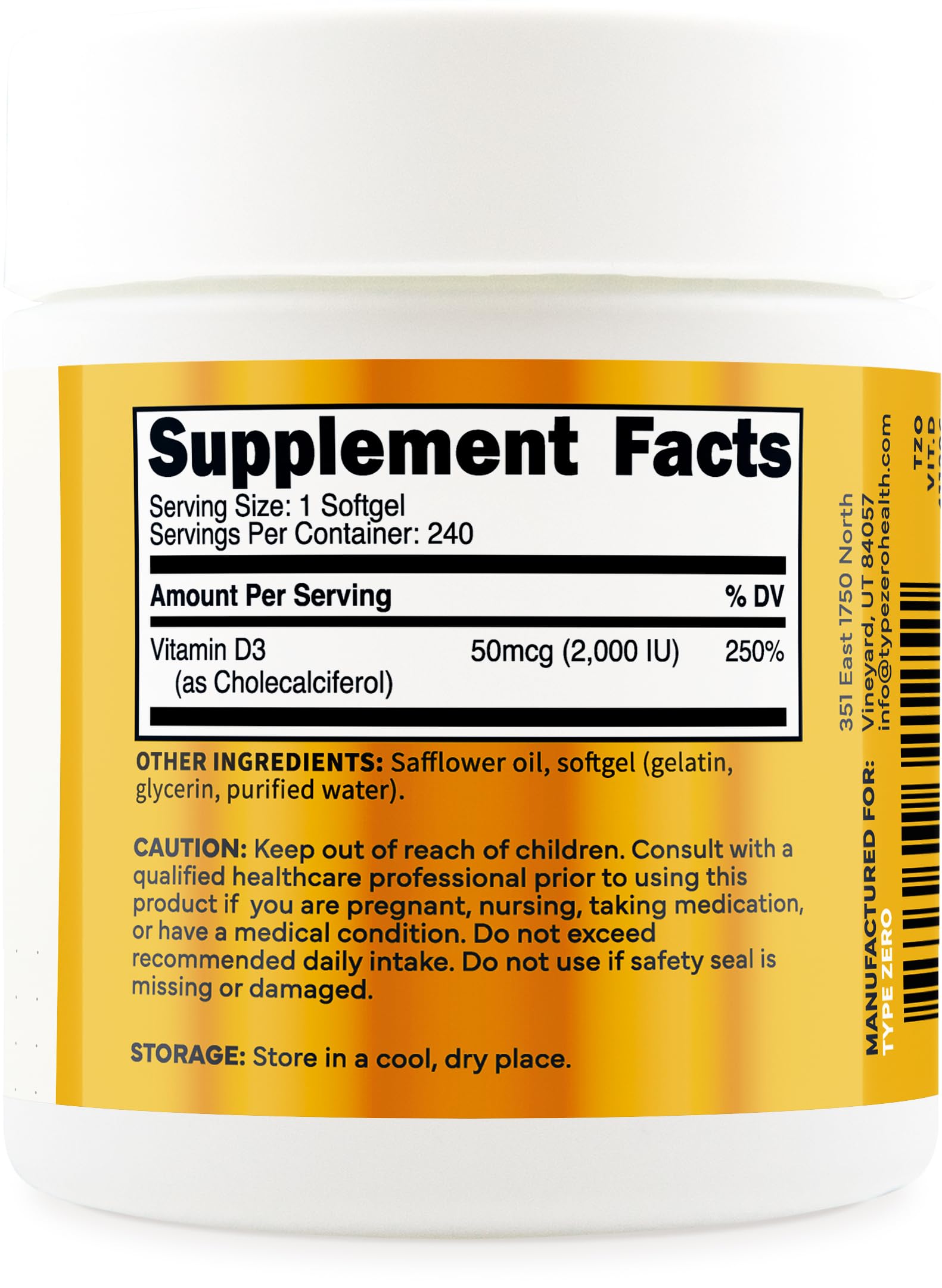 Type Zero Vitamin D3 Softgels bottle with softgels displayed