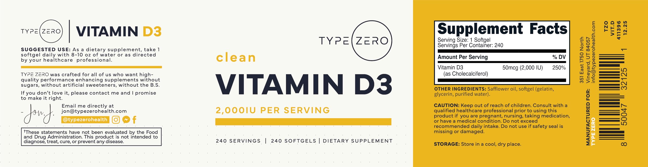 Type Zero Vitamin D3 Softgels ingredients list on packaging